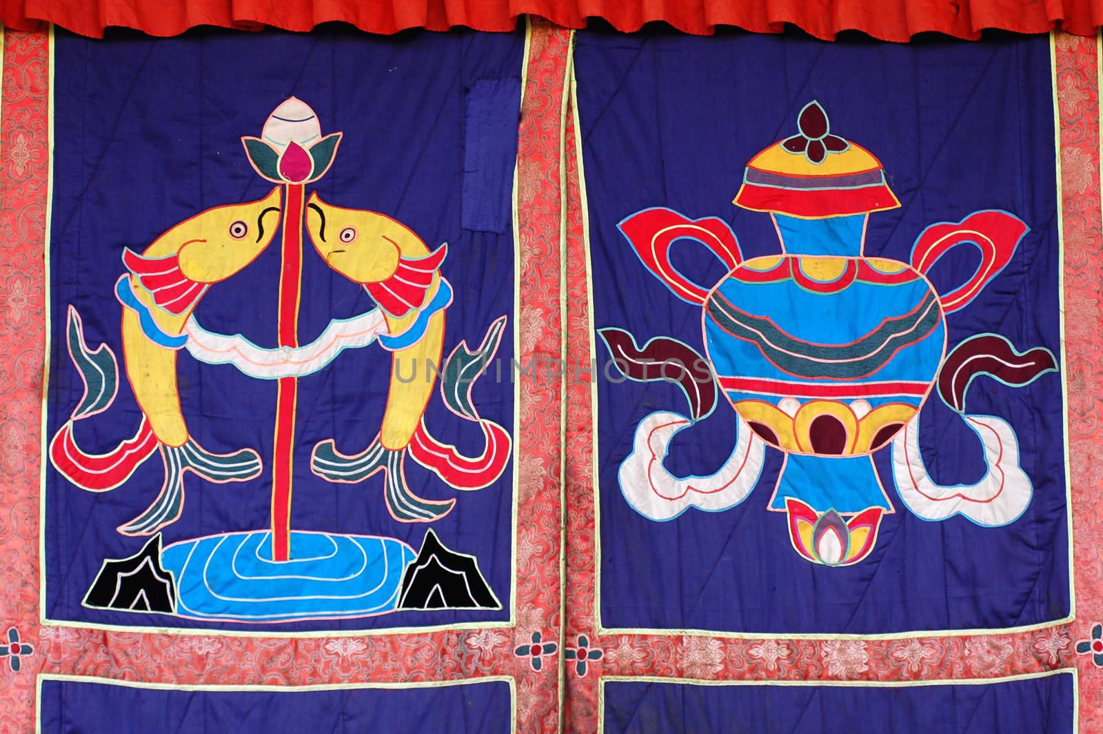 Closeup view of a typical Tibetan curtain