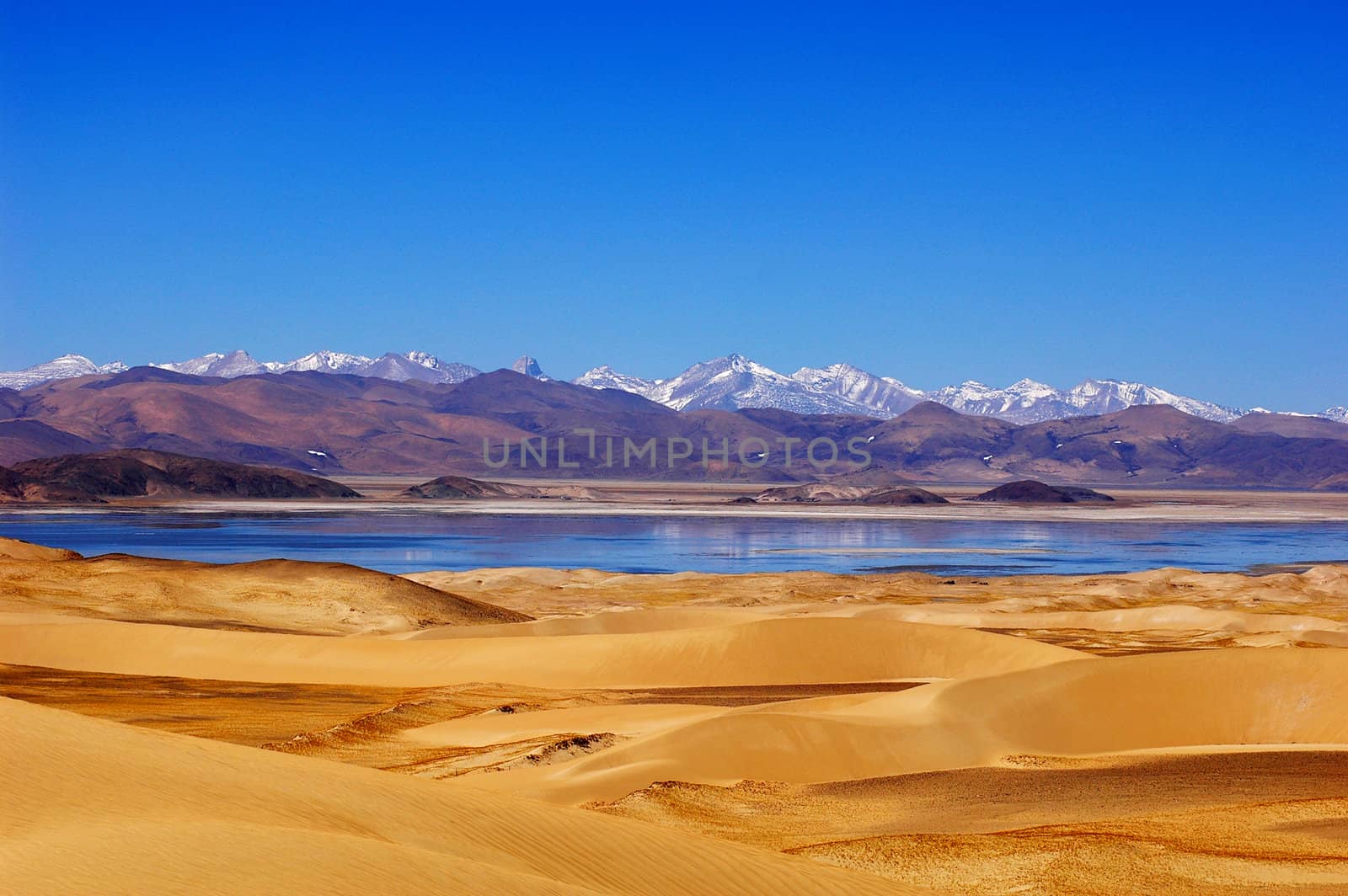 Landscape of mountains and lake in the highlands of Tibet