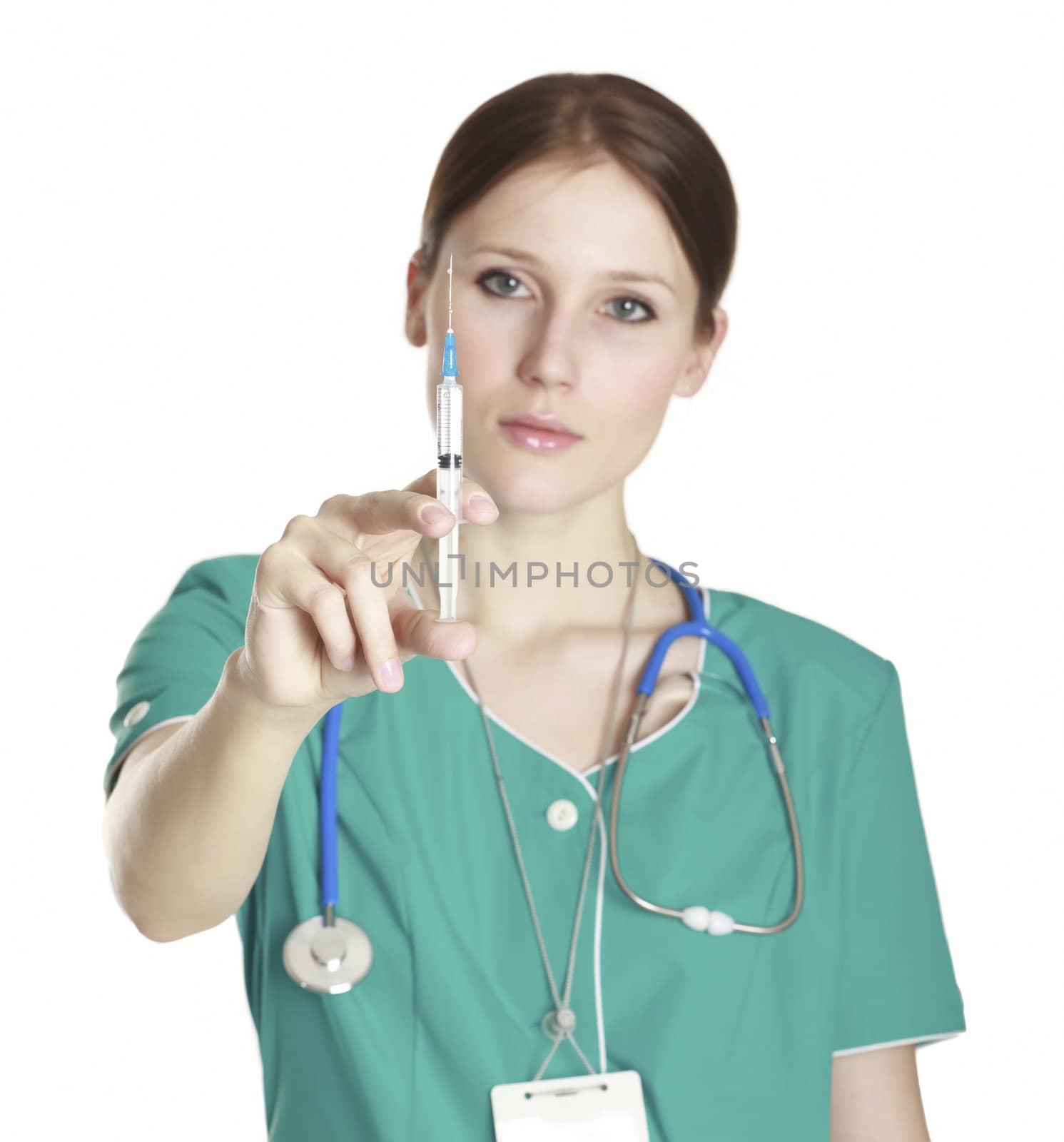 Blurred image of nurse holding syringe in hand on white backgrou by Nobilior