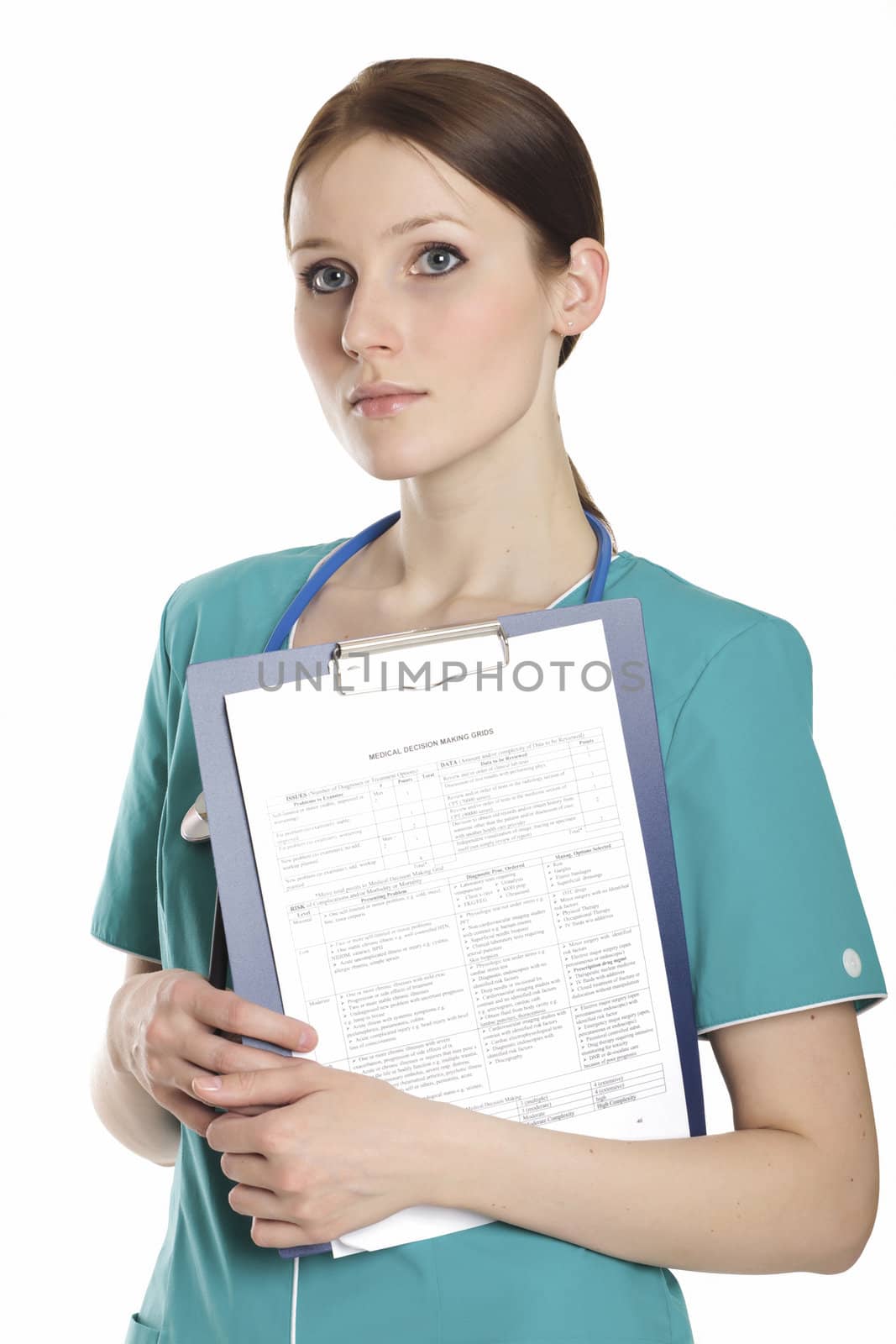 Feamle doctor wearing green uniform and holding a clipboard with by Nobilior