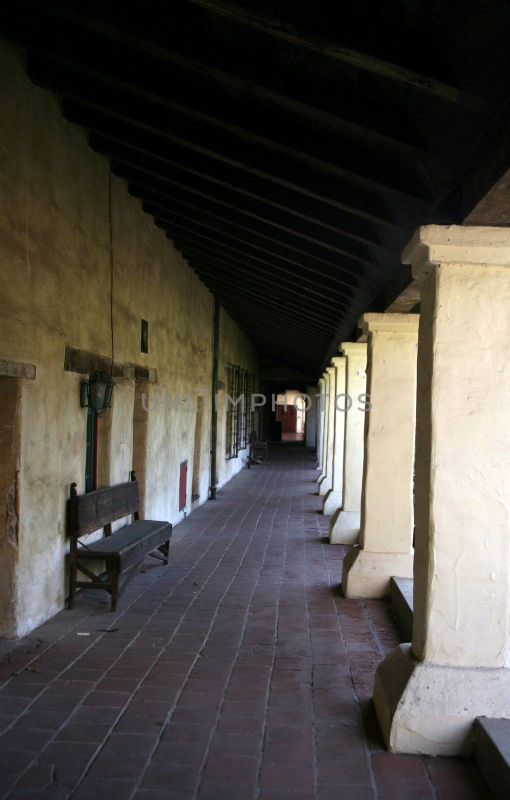 Covered walkway at the beautiful Santa Barbara Mission in California