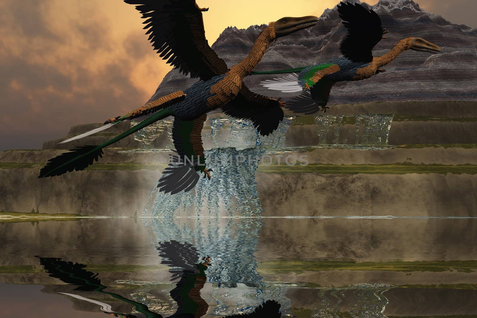 Two Microraptor dinosaurs fly near mountain waterfalls in prehistoric times.
