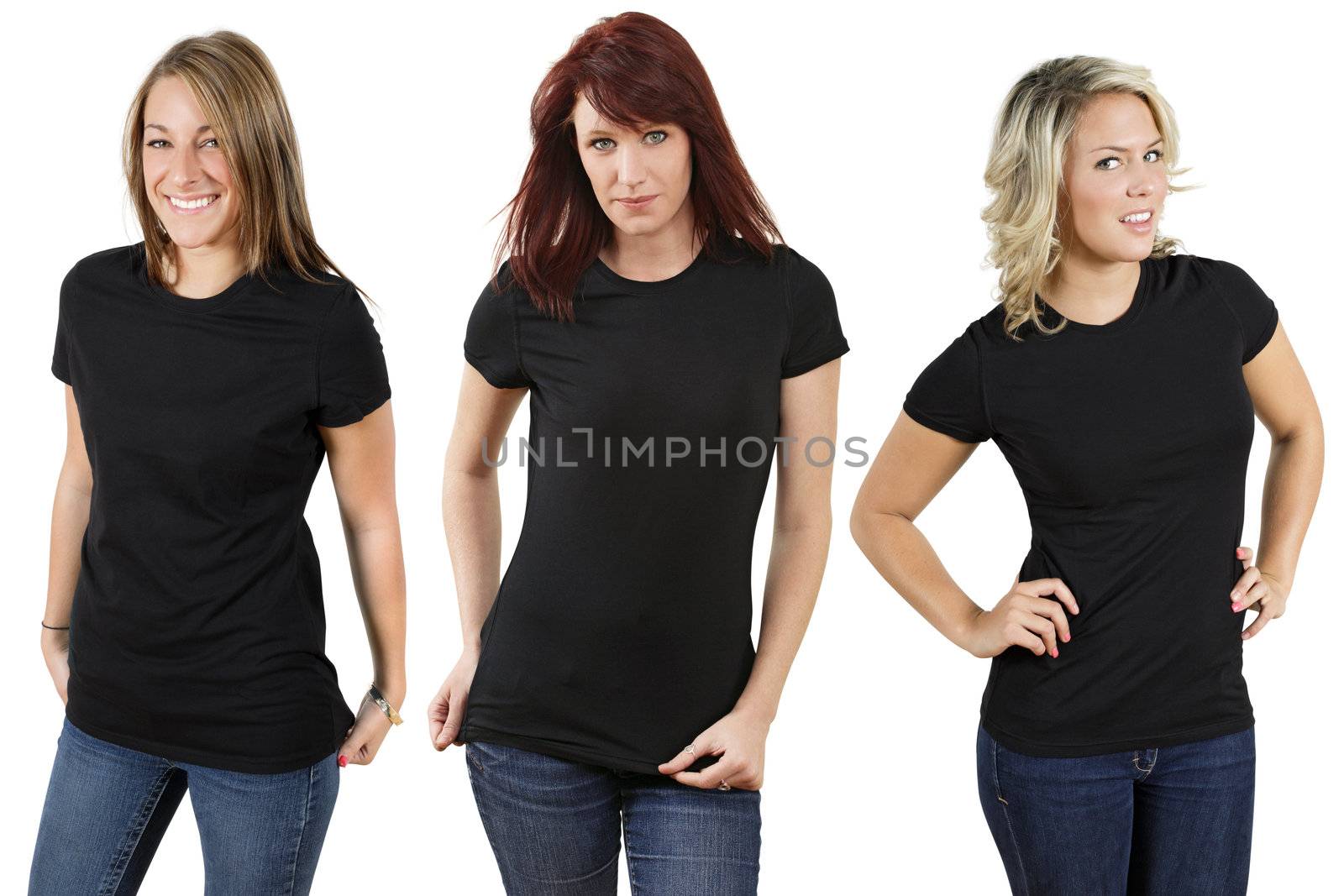 Young beautiful women with blank black shirts. Ready for your design or logo.