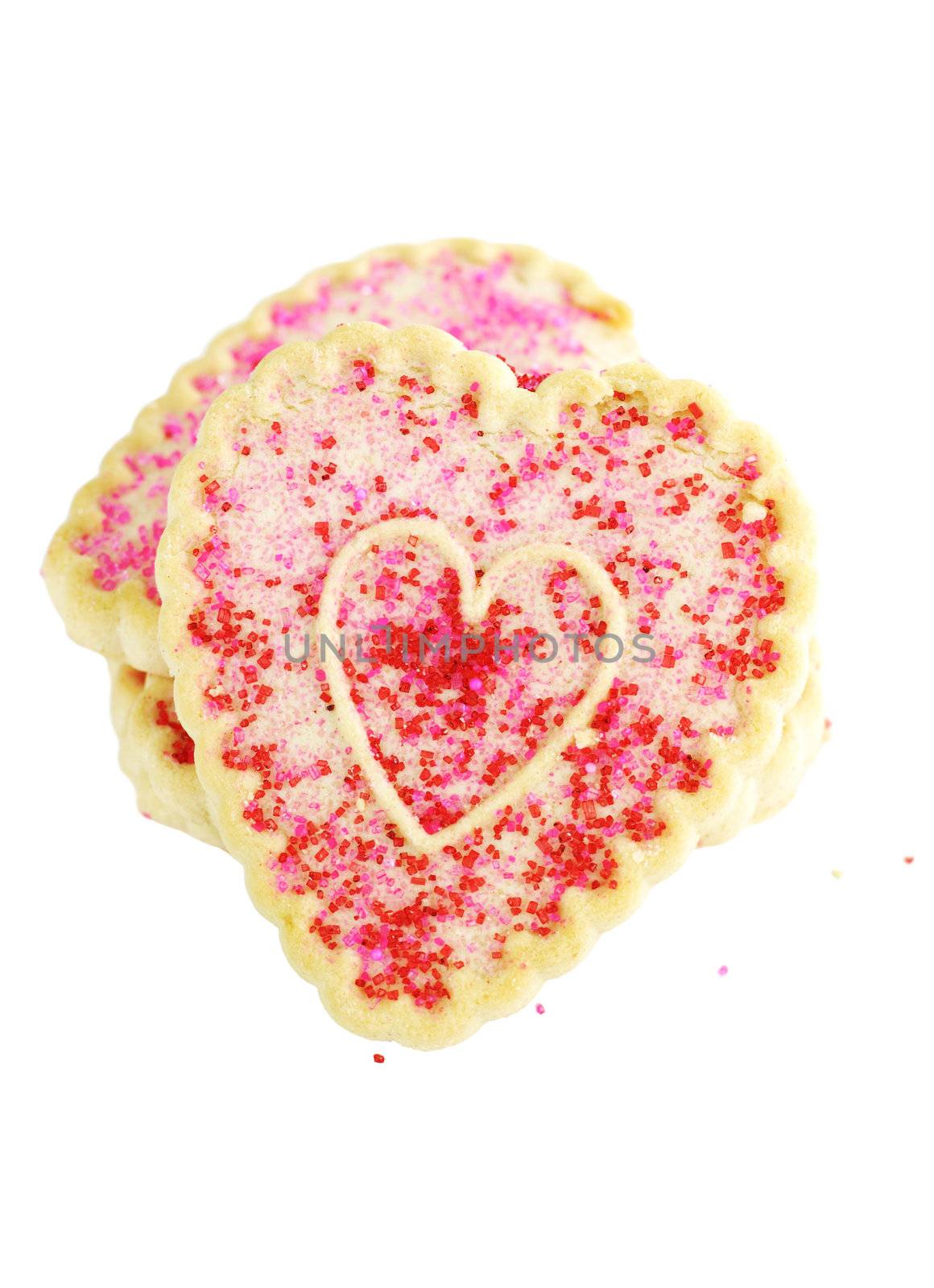 Heart shaped Valentine's Day cookies isolated on a white background.