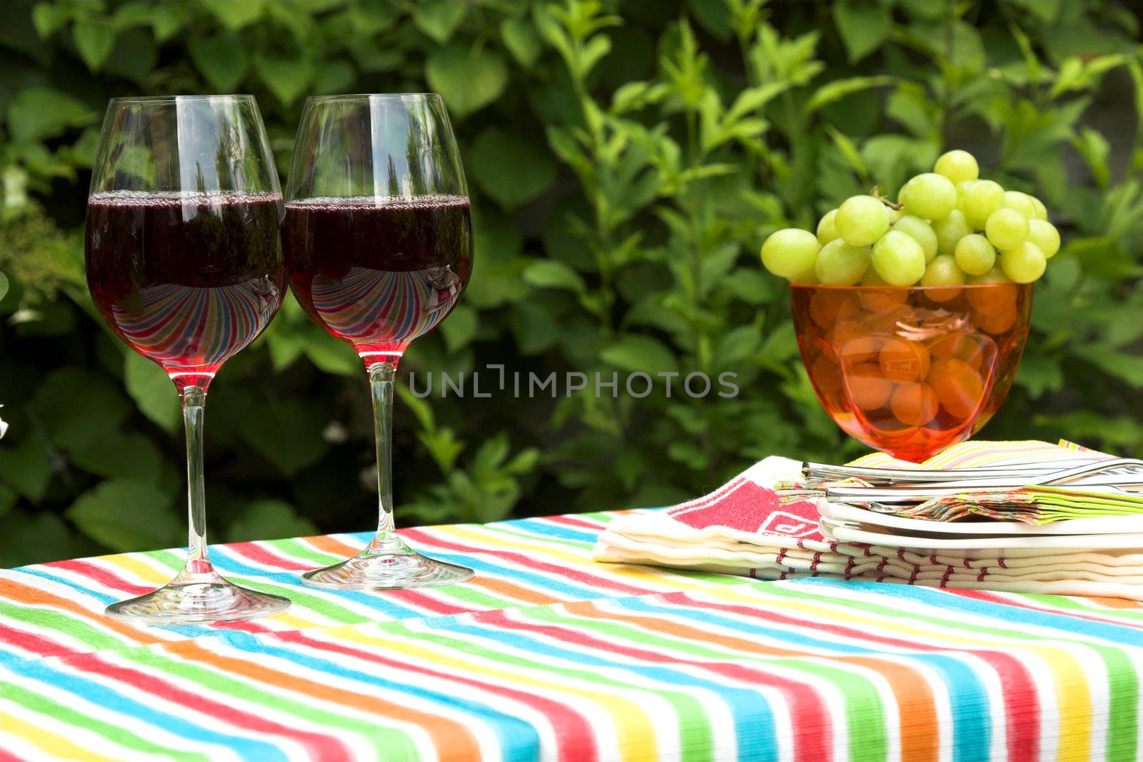 Table setup outdoors with two glasses of wine, a bowl of grapes and plates