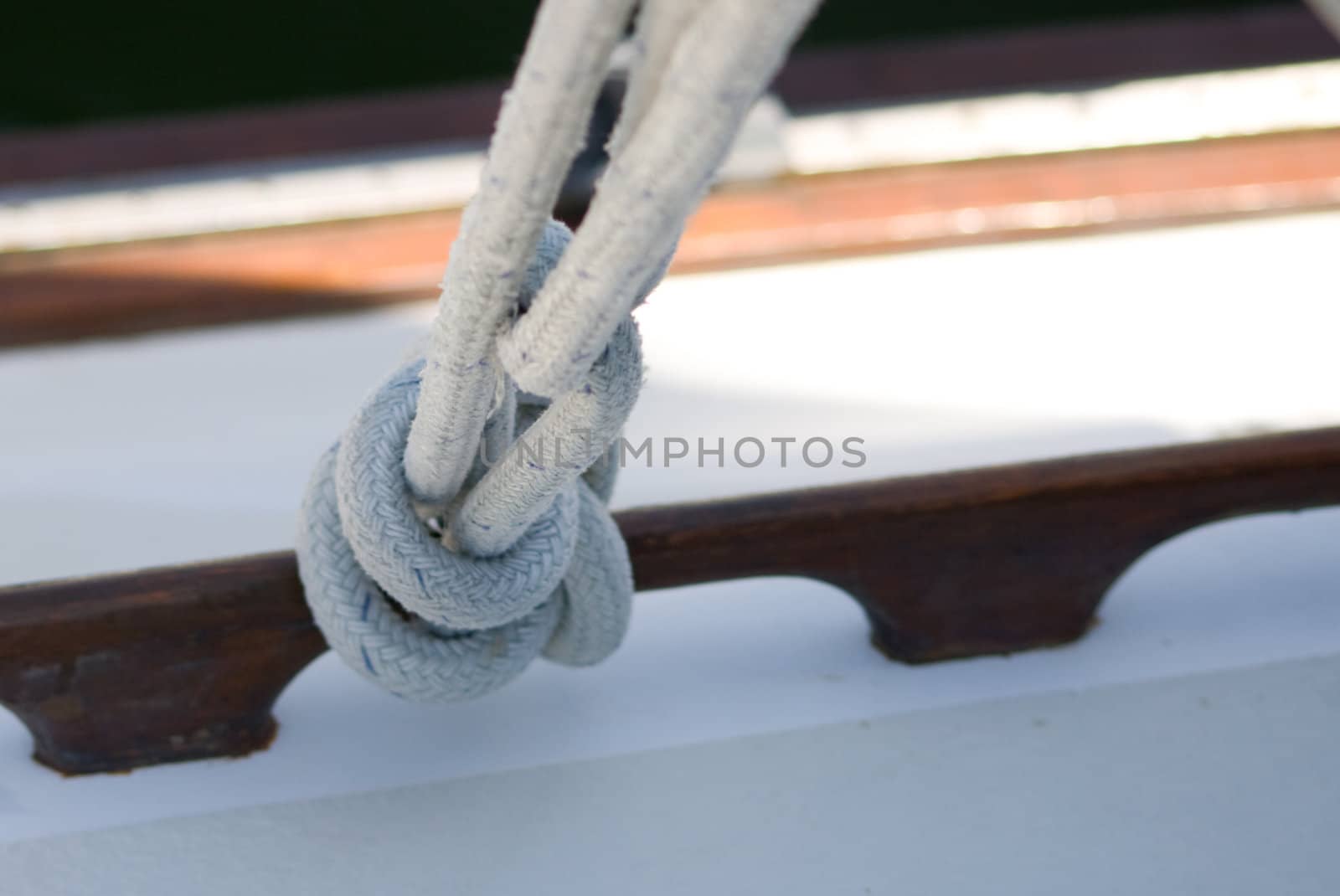 Sailing Knot or Hitch shows sail line tied to a wood rail on a yacht set againt the white hull topside.
