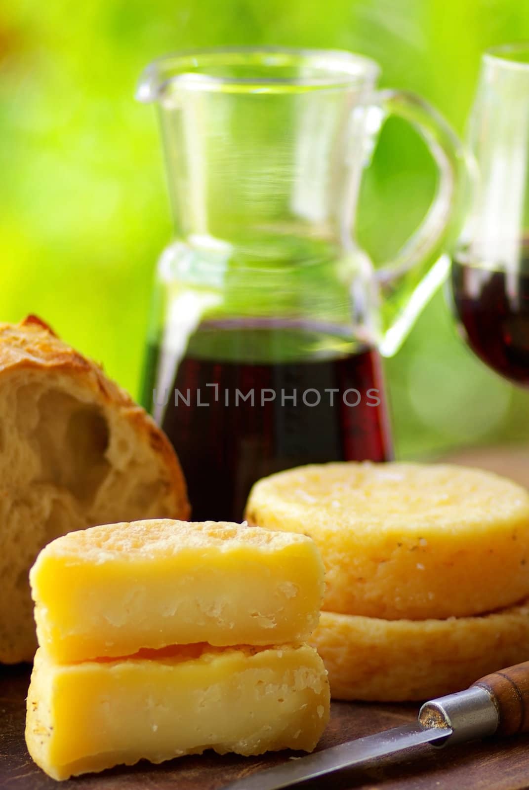Wine, bread and cheese.