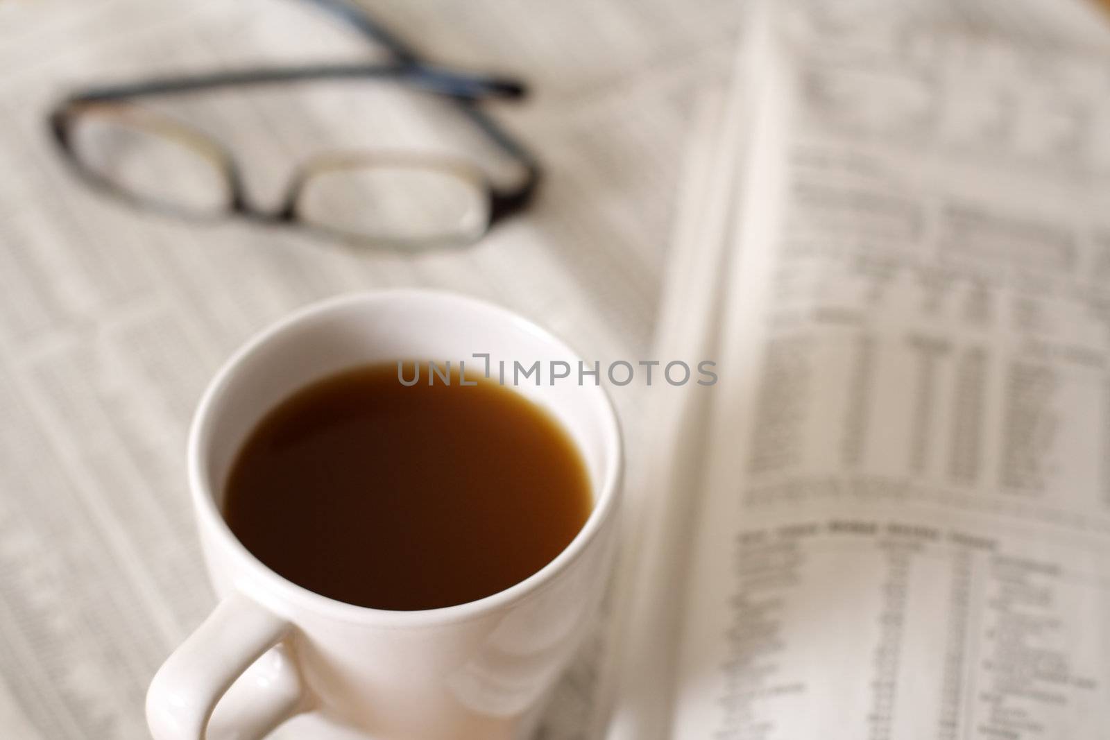 A cup of coffee and financial newspaper