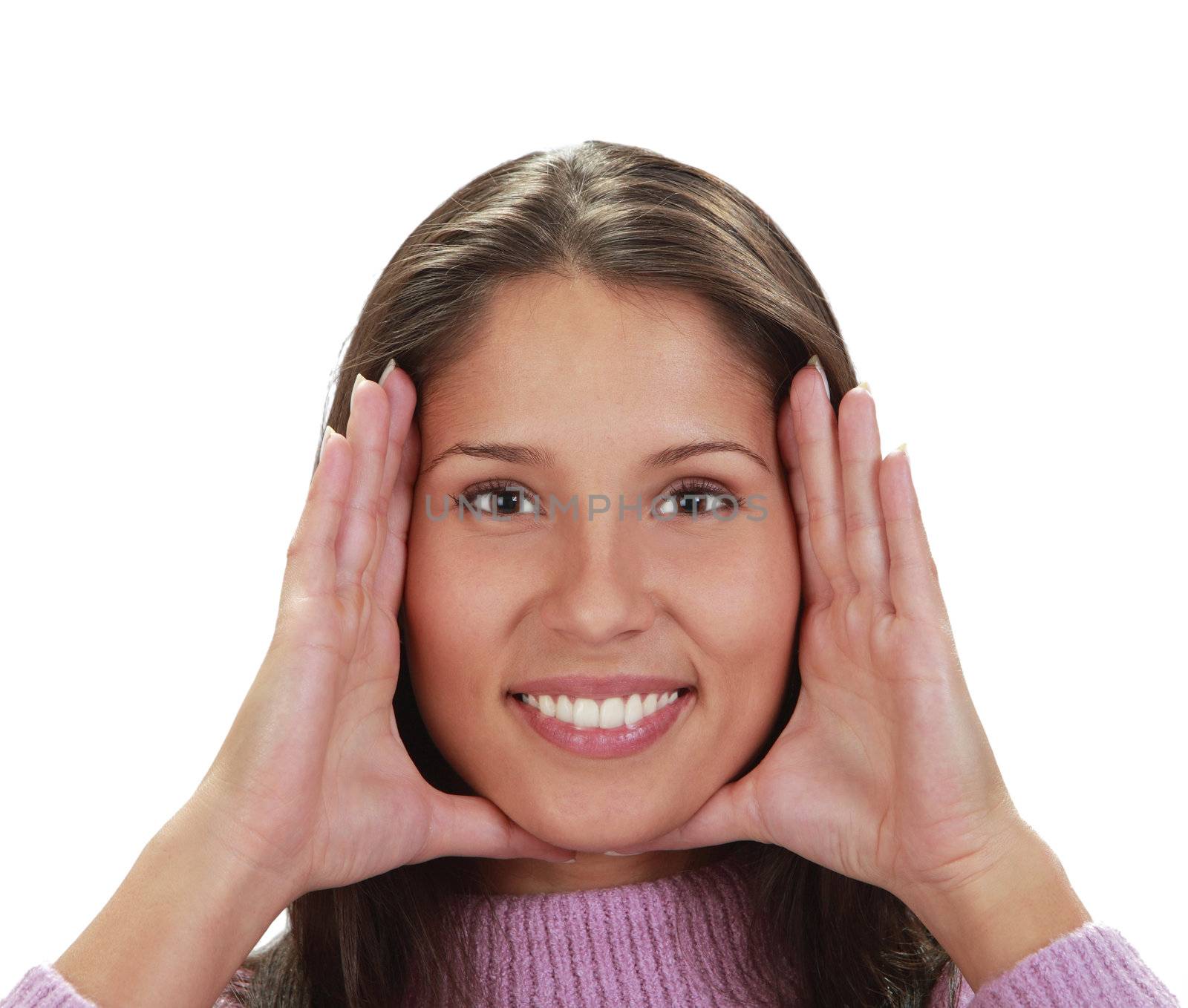 Young woman frame her face with palms 