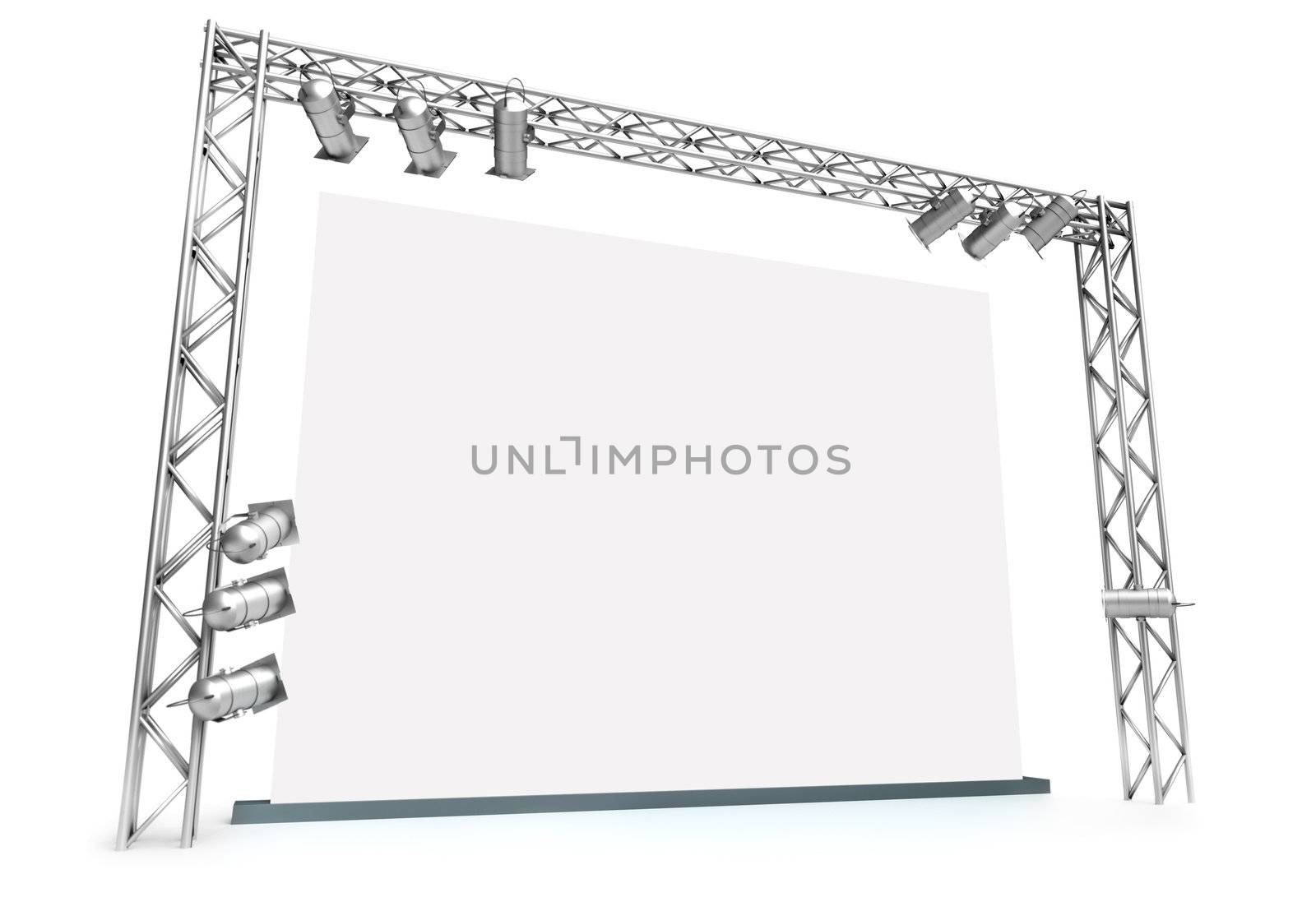 Large blank screen with lighting equipment. 3D rendered image.