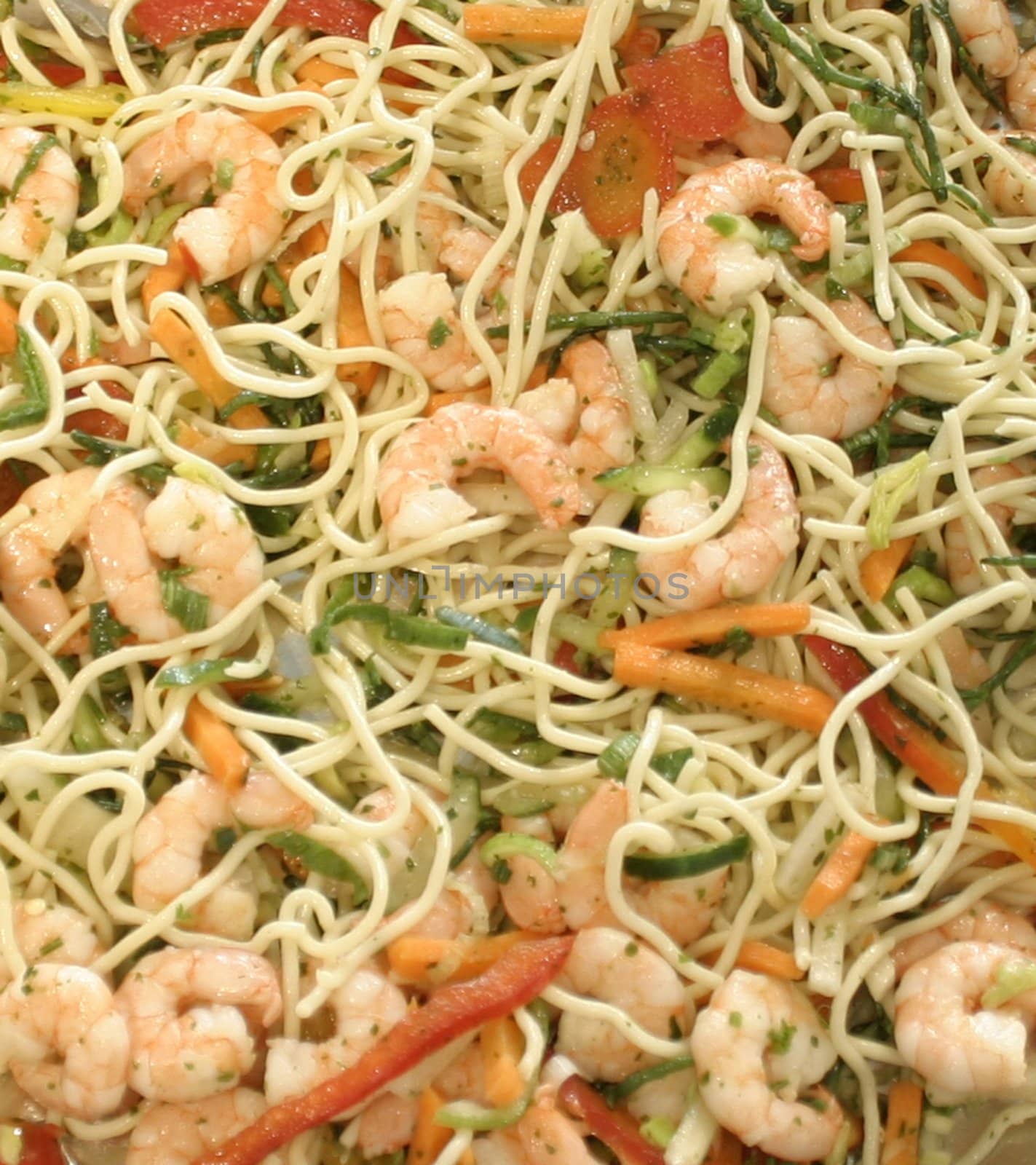 Spaghetti with shrimps and vegetables for a supper by AlexandrePavlov