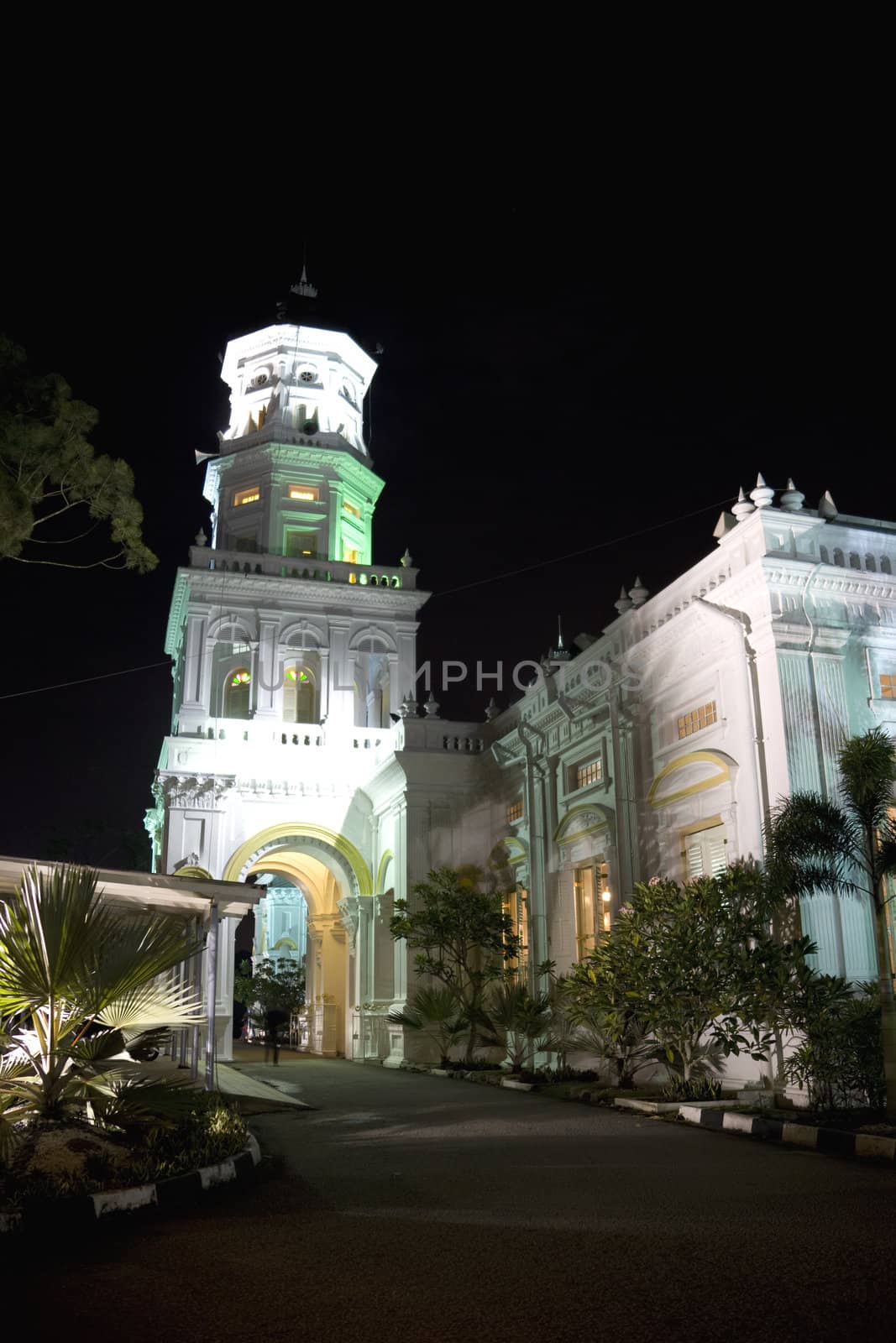 Sultan Abu Bakar Mosque at night. The mosque is located at Johore Bahru, Malaysia and was completed in 1900. The architectural style is mainly Victorian.