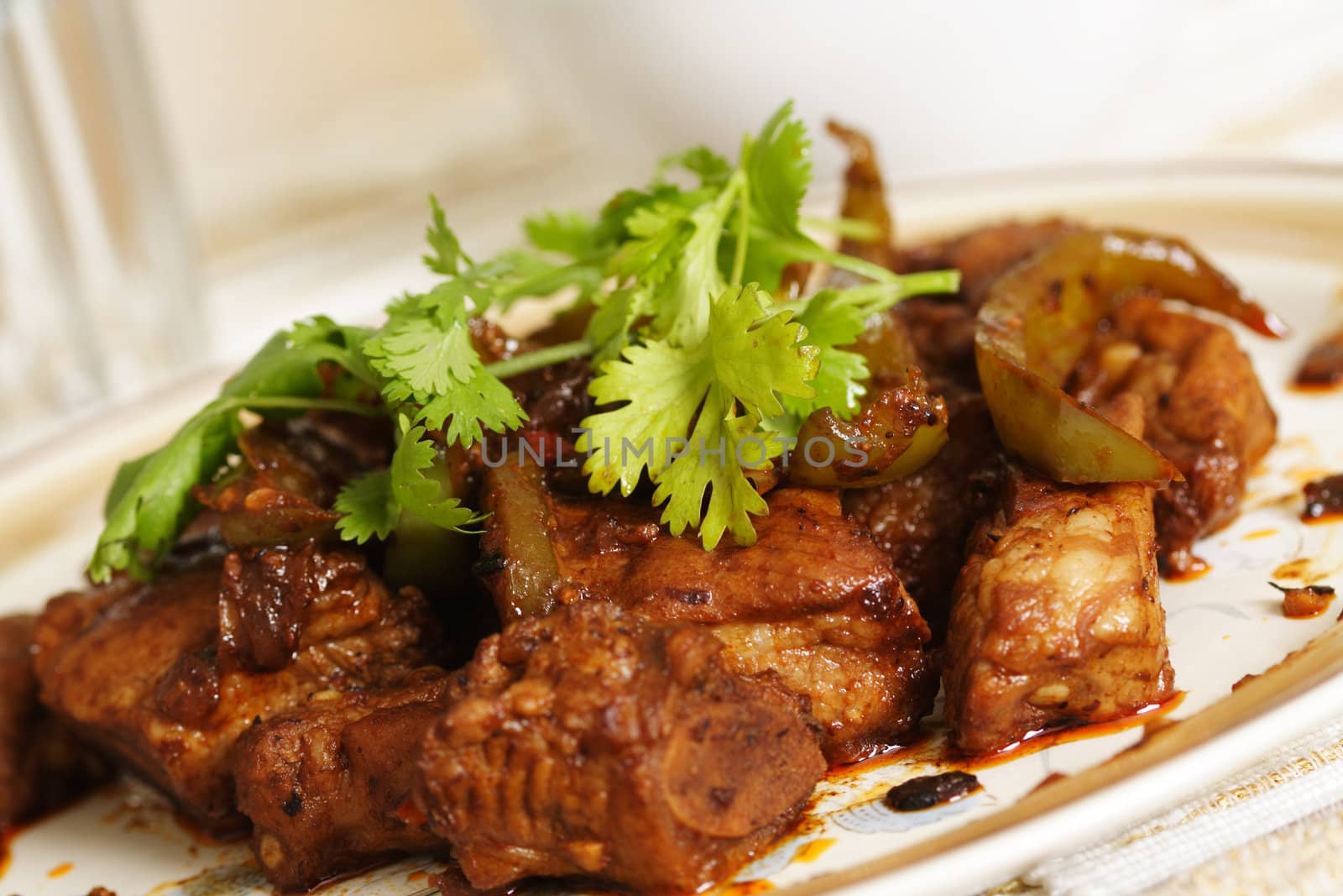 Pork spare ribs cooked with green pepper in black bean sauce