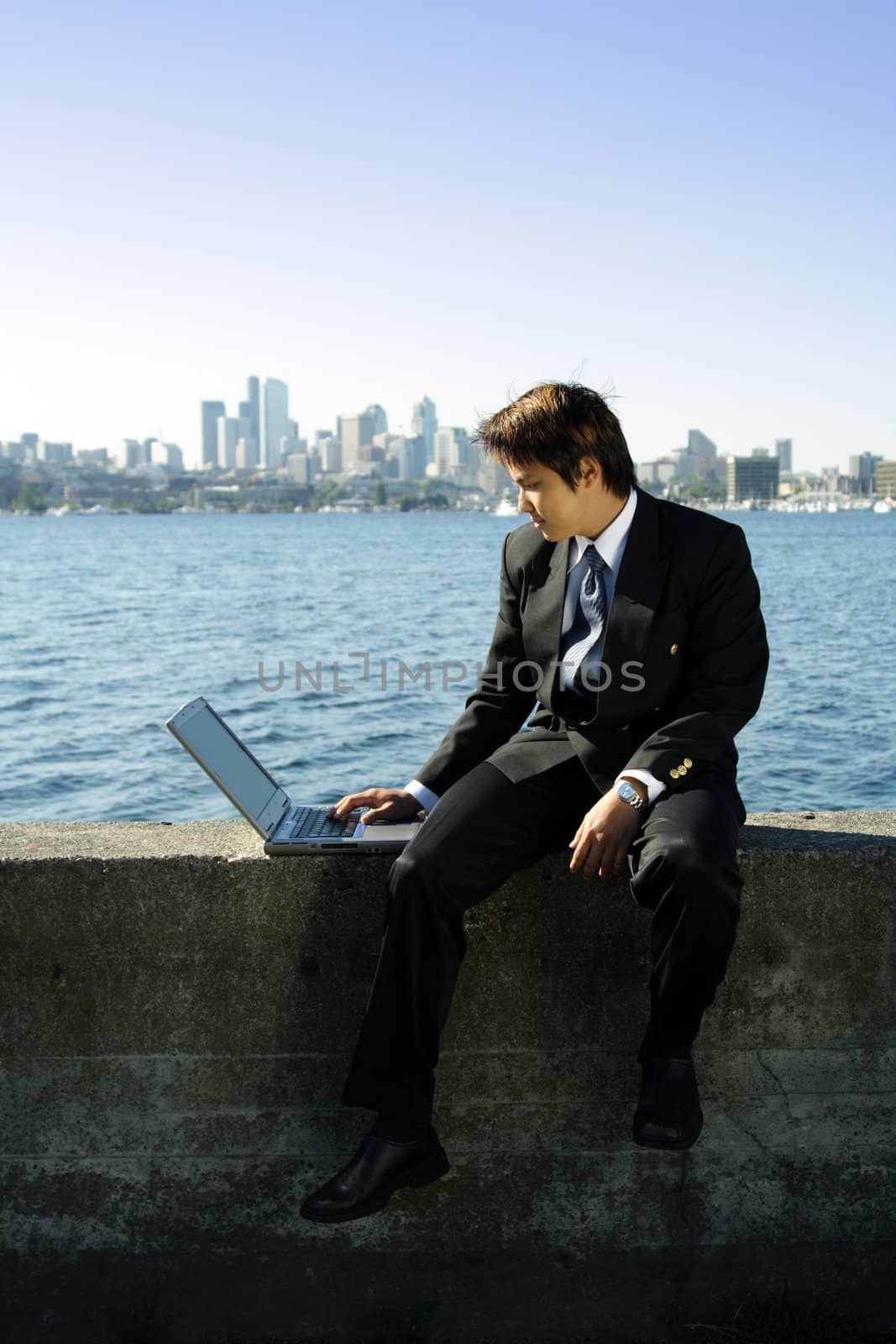 Businessman working on his laptop at a park