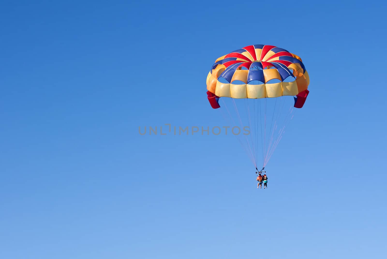 Photo of two people parasailing under blue sky.