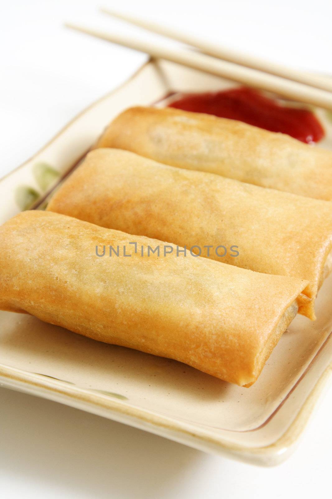 Crispy egg rolls on a plate