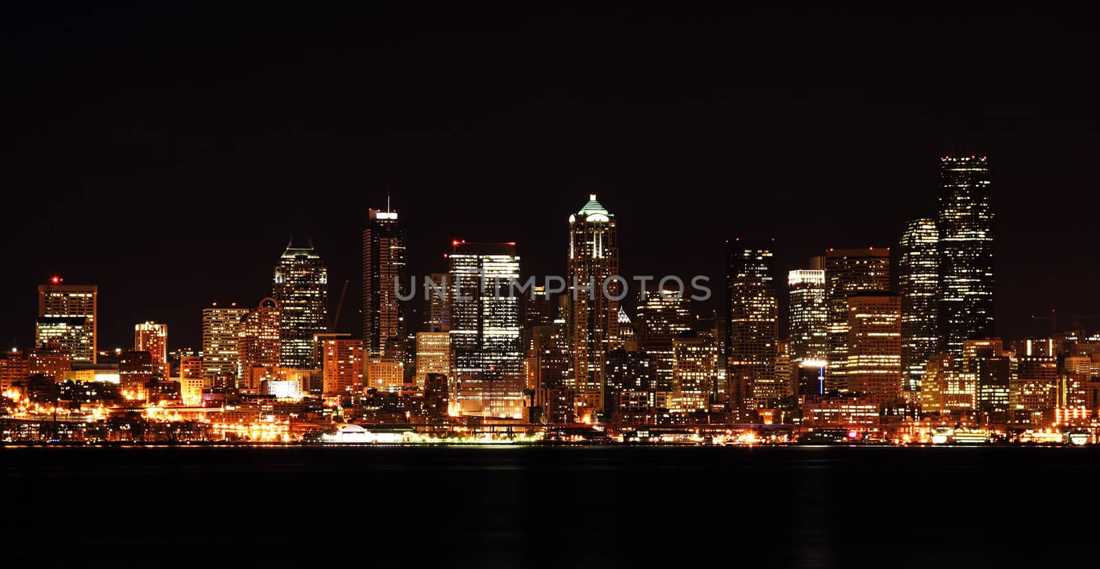 A view of Seattle downtown buildings at night