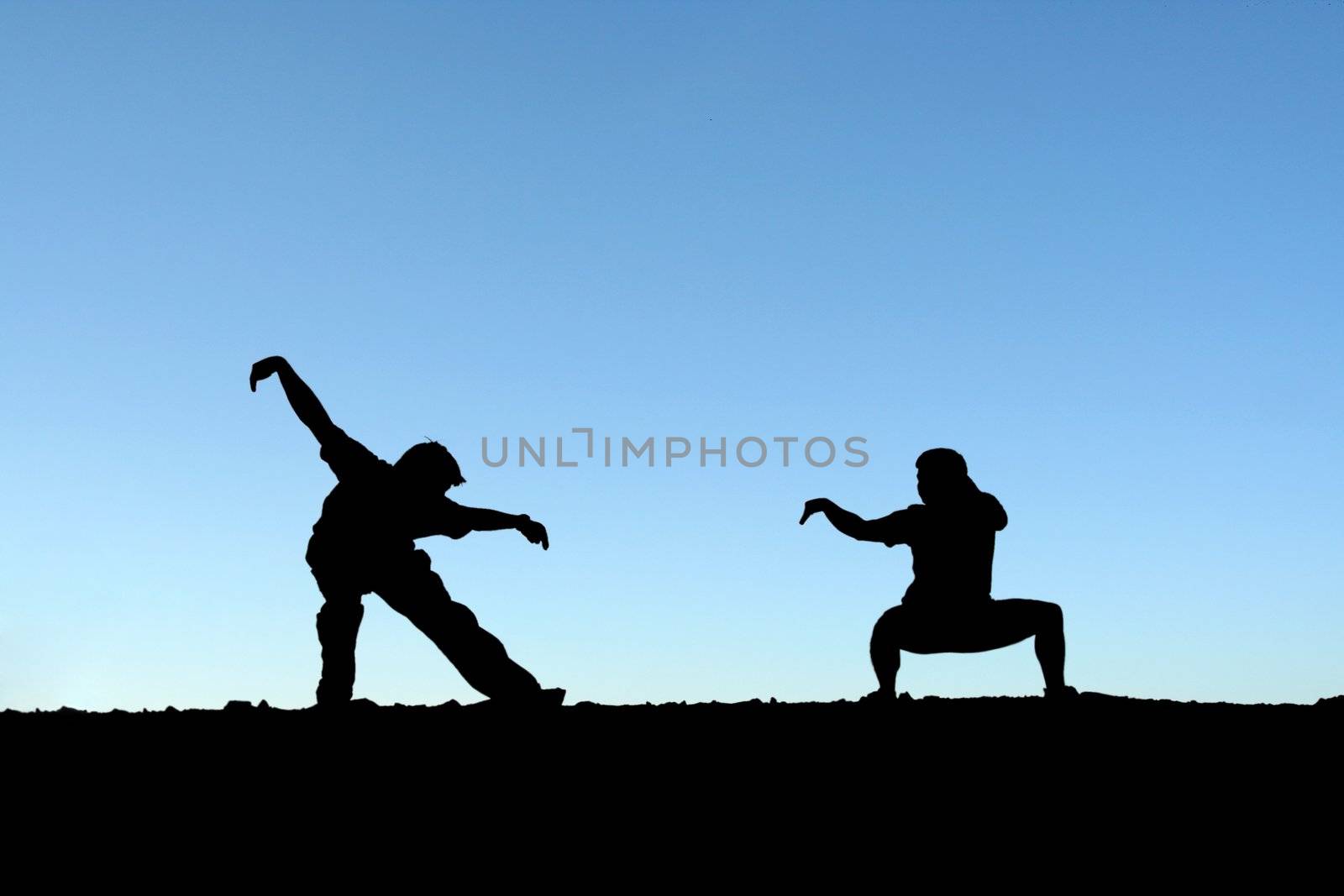 Two persons practicing martial arts on top of a mountain (in silhouette)