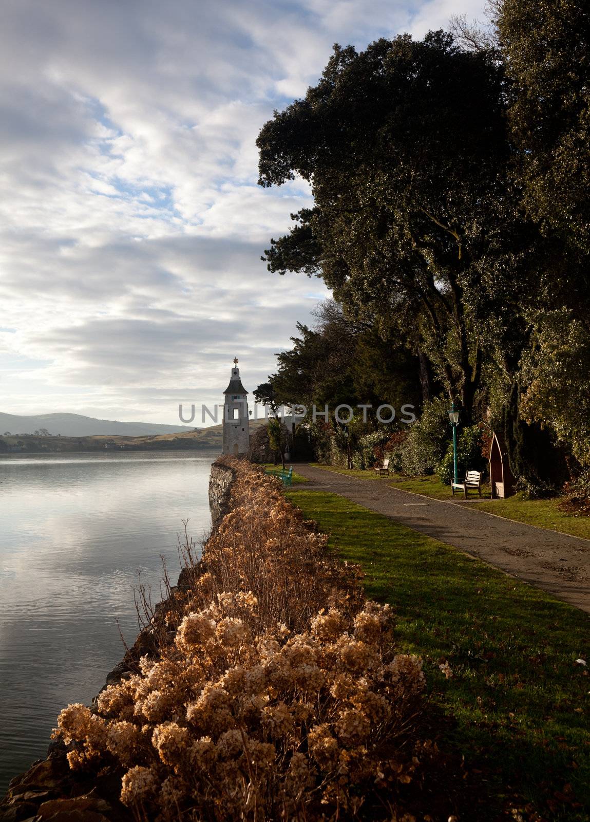 Portmerion village on the North coast of Wales in winter showing the estuary and tower