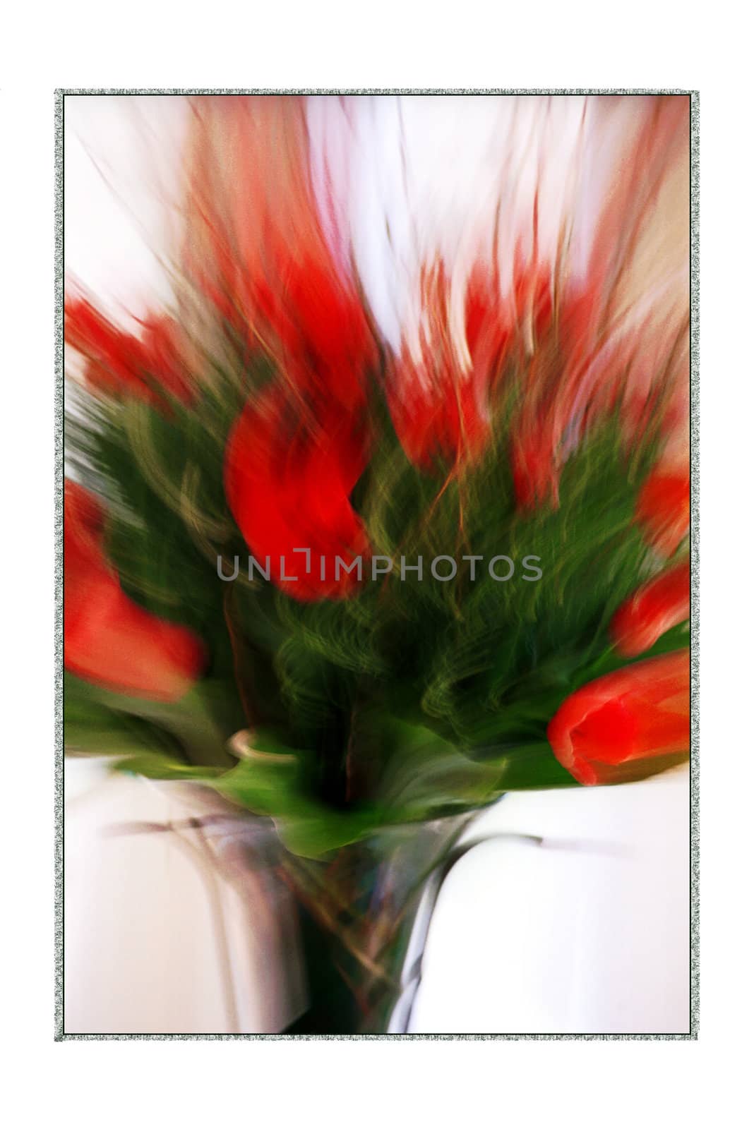 Bunch of red roses in vase with deliberate lens movement