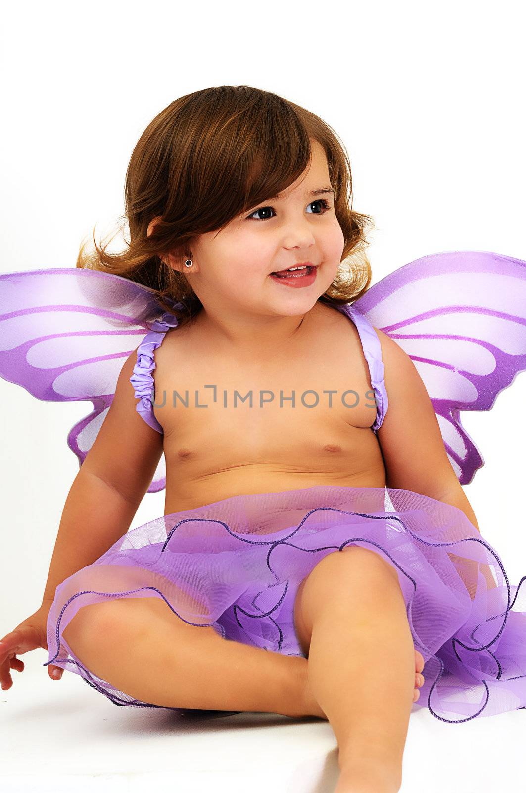 little girl with purple angle wings sitting and smiling by Ansunette