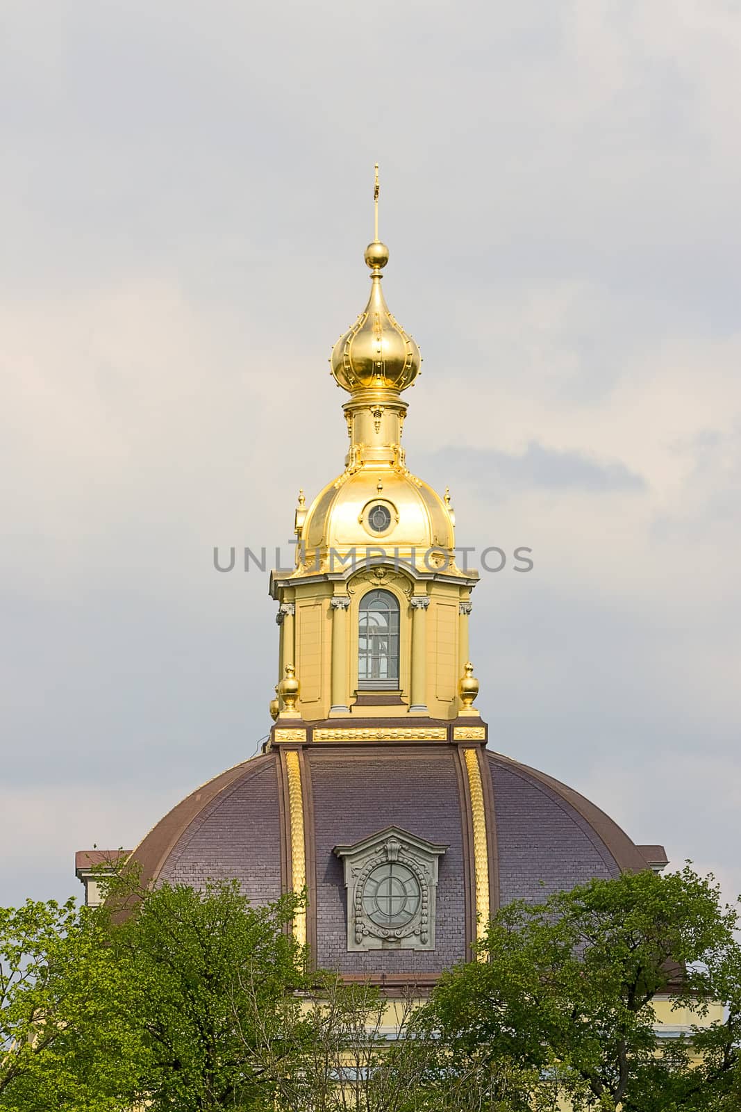 View of dome of church among trees, Saint Petersburg, Russia.