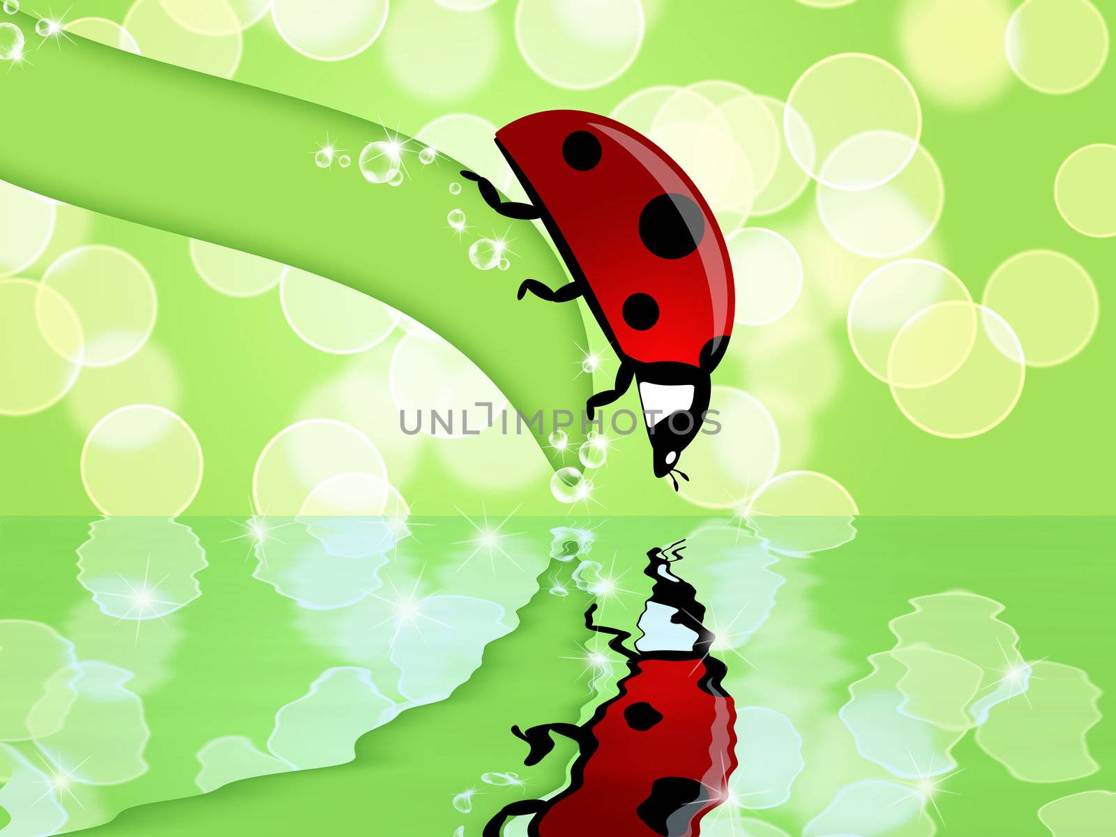 Ladybug on Leaf Looking at Water Reflection by Davidgn