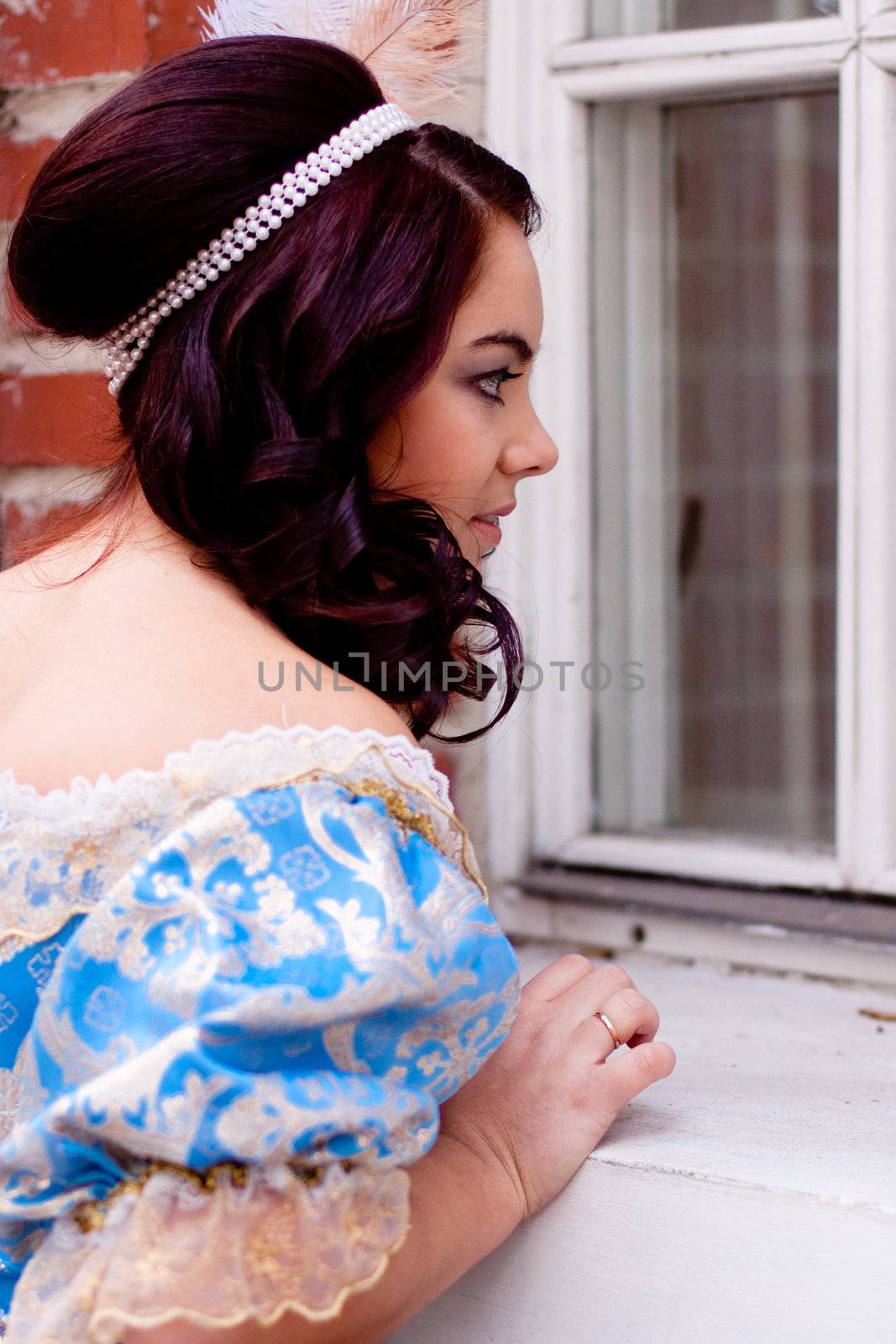 A portrait of lady in a blue baroque dress looking out a window
