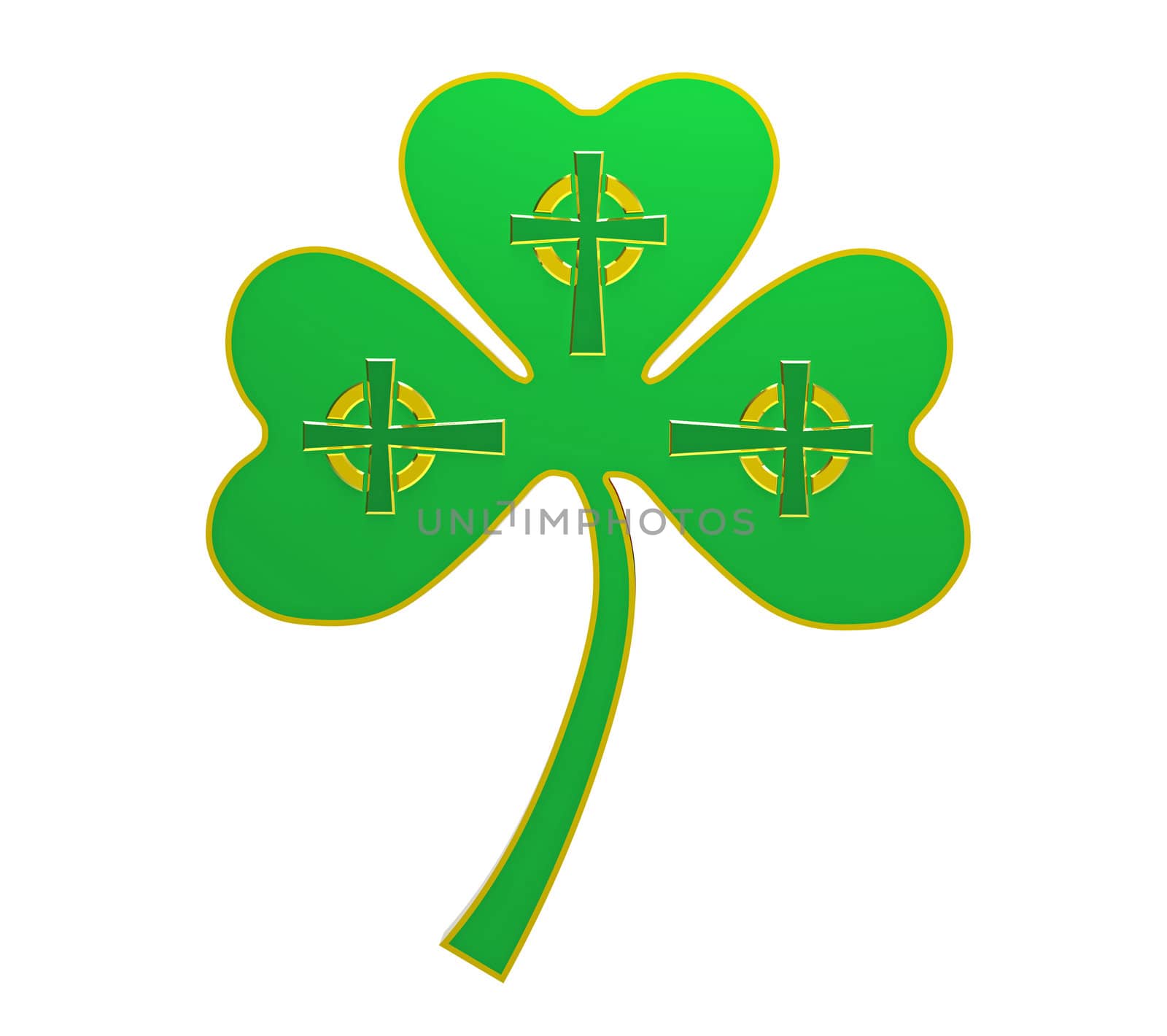 Clover with celtic crosses, isolated on white 3d render