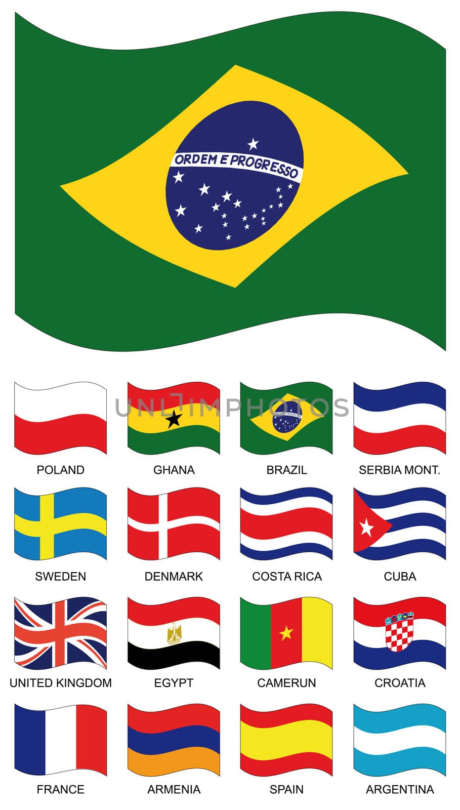 Vector Flag Collection. Poland, ghana, brazil, serbia montenegro, sweden, denmark, costa rica, cuba, united kingdom, egypt, camerun, croatia, france, armenia, spain, argentina