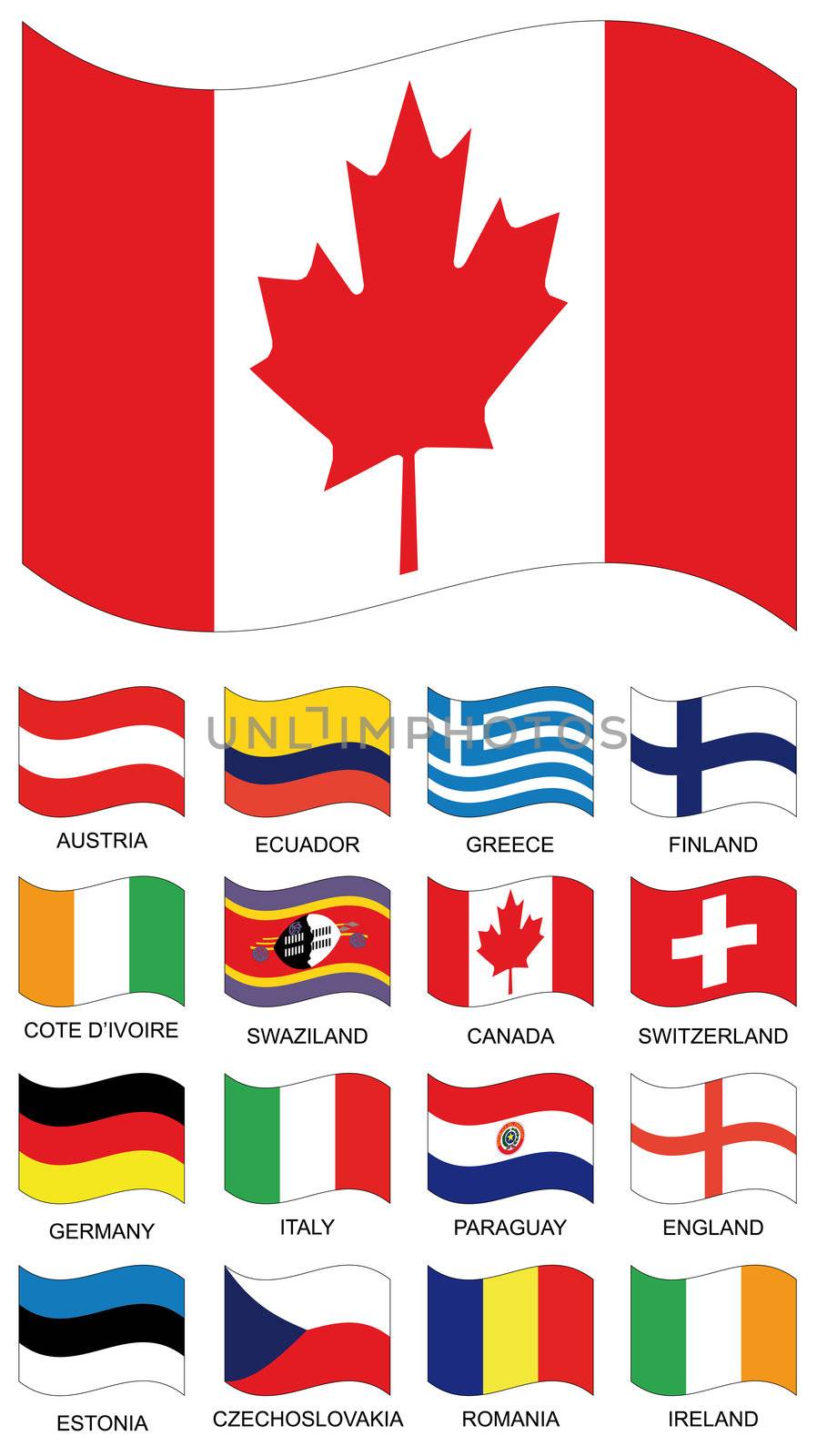 Flag Collection. Austria, ecquador, greece, finland, ivory cost, swaziland, canada, switzerland, germany, Deutschland, italy, paraguay, england, estonia, czechoslovakia, romania, ireland