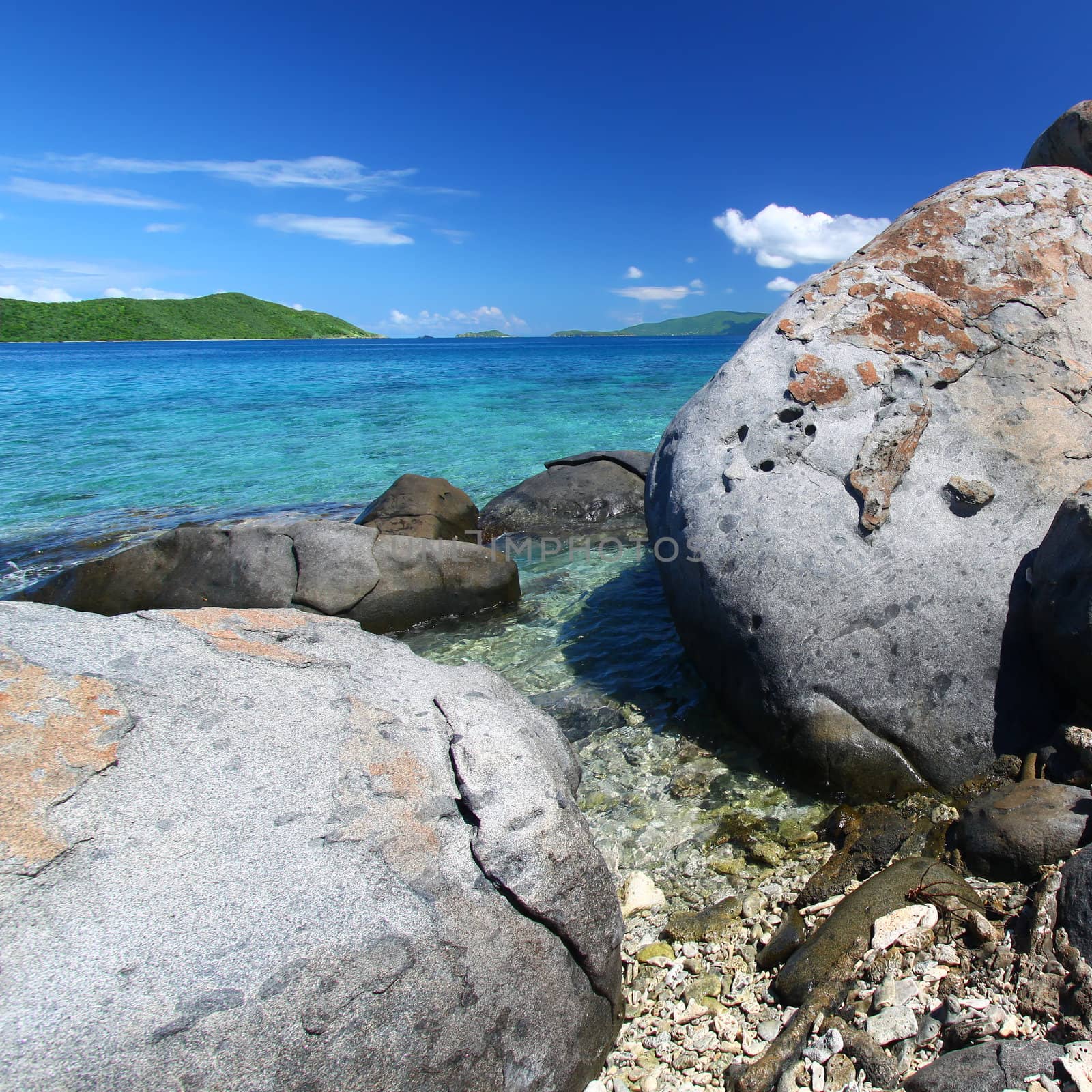 Huge boulders dot the coastline of the British Virgin Islands.