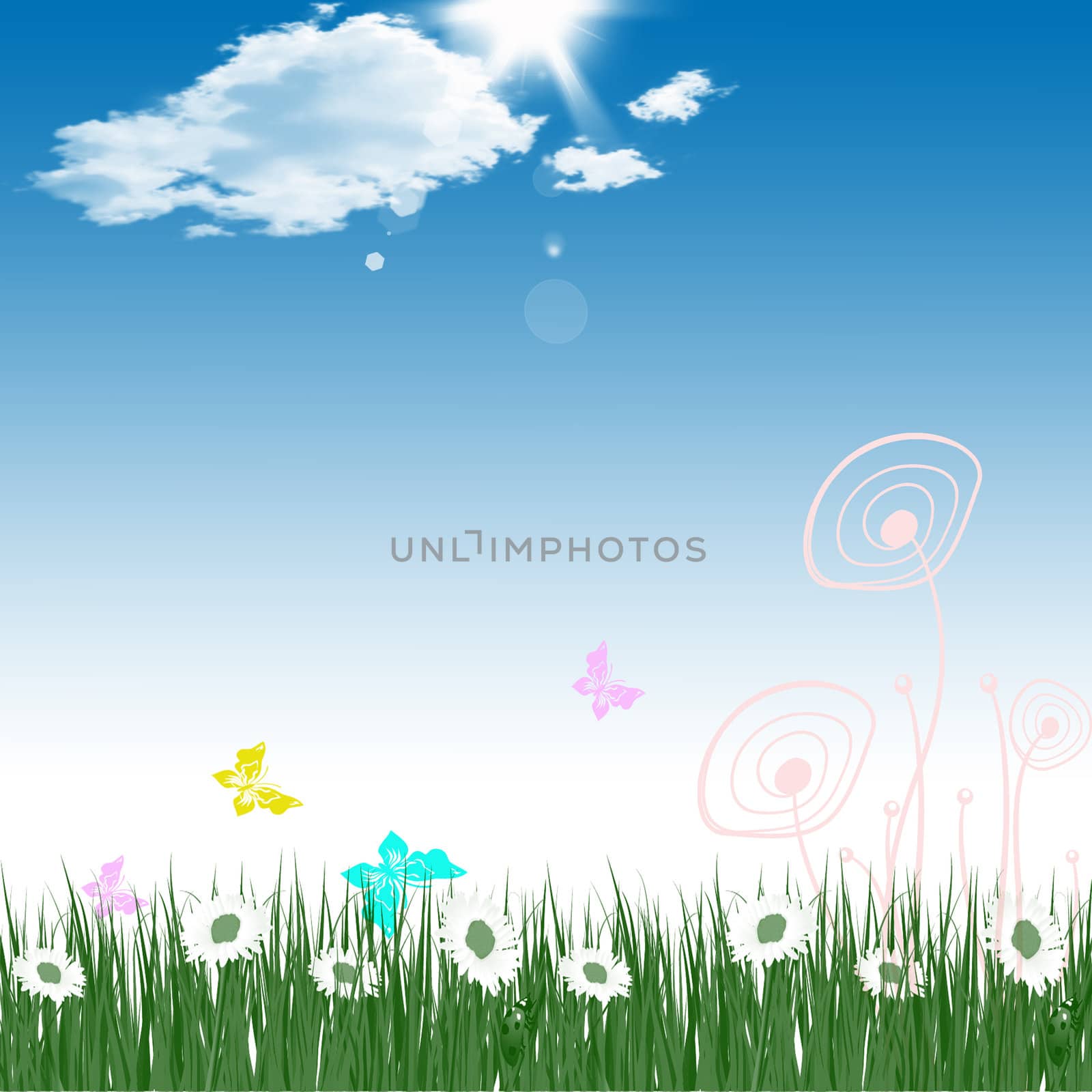 Beautiful abstract background of blue sky and flowers