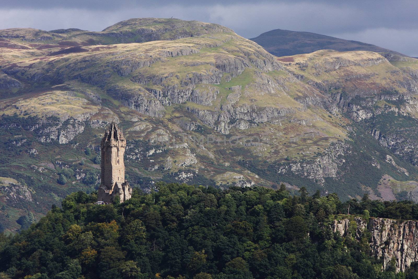 View of the Wallace monument from the castle of Stirling in Scotland. 