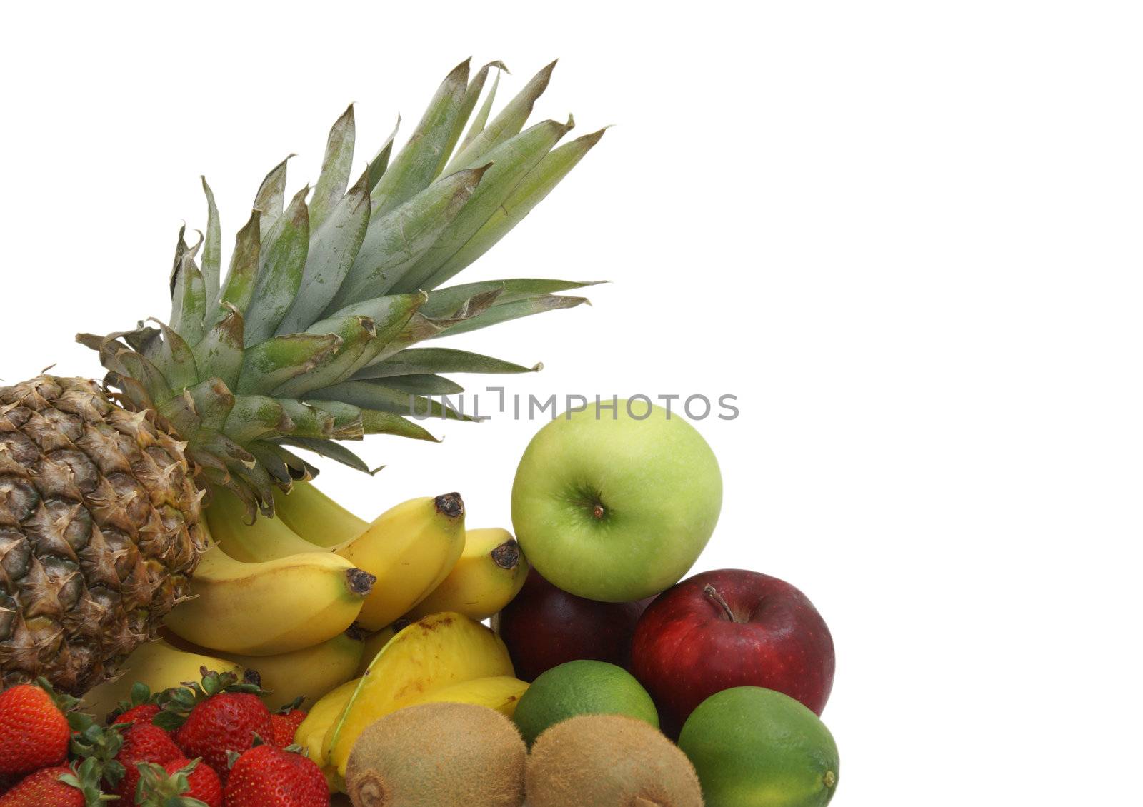 An arrangement of various fruits on a white background.