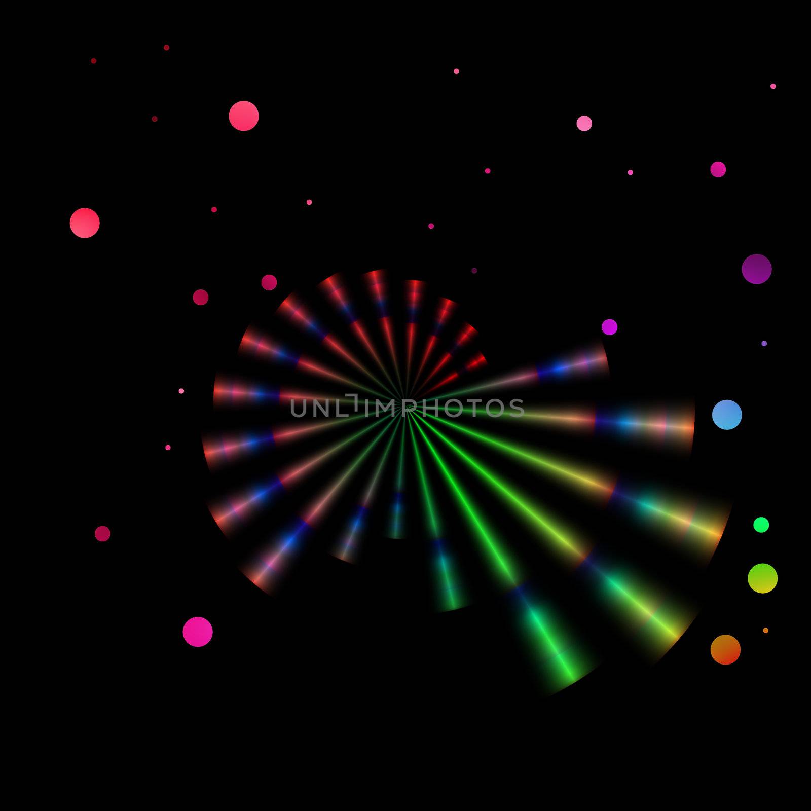 Rainbow rays and bubbles spread out against a black background.