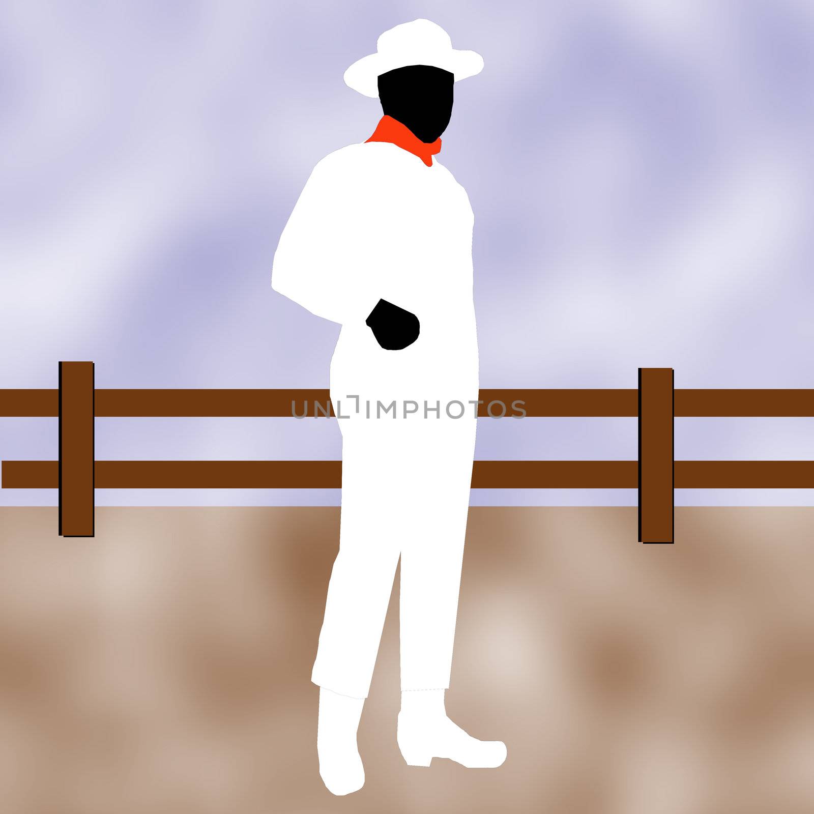 A cowboy in white standing in front of a wooden fence.