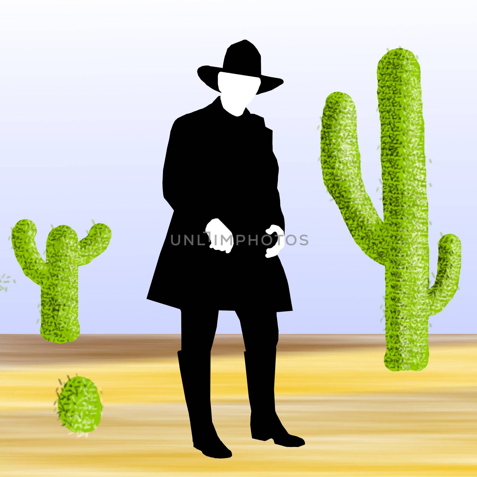 A cowboy dressed in black in the desert surrounded with cacti.