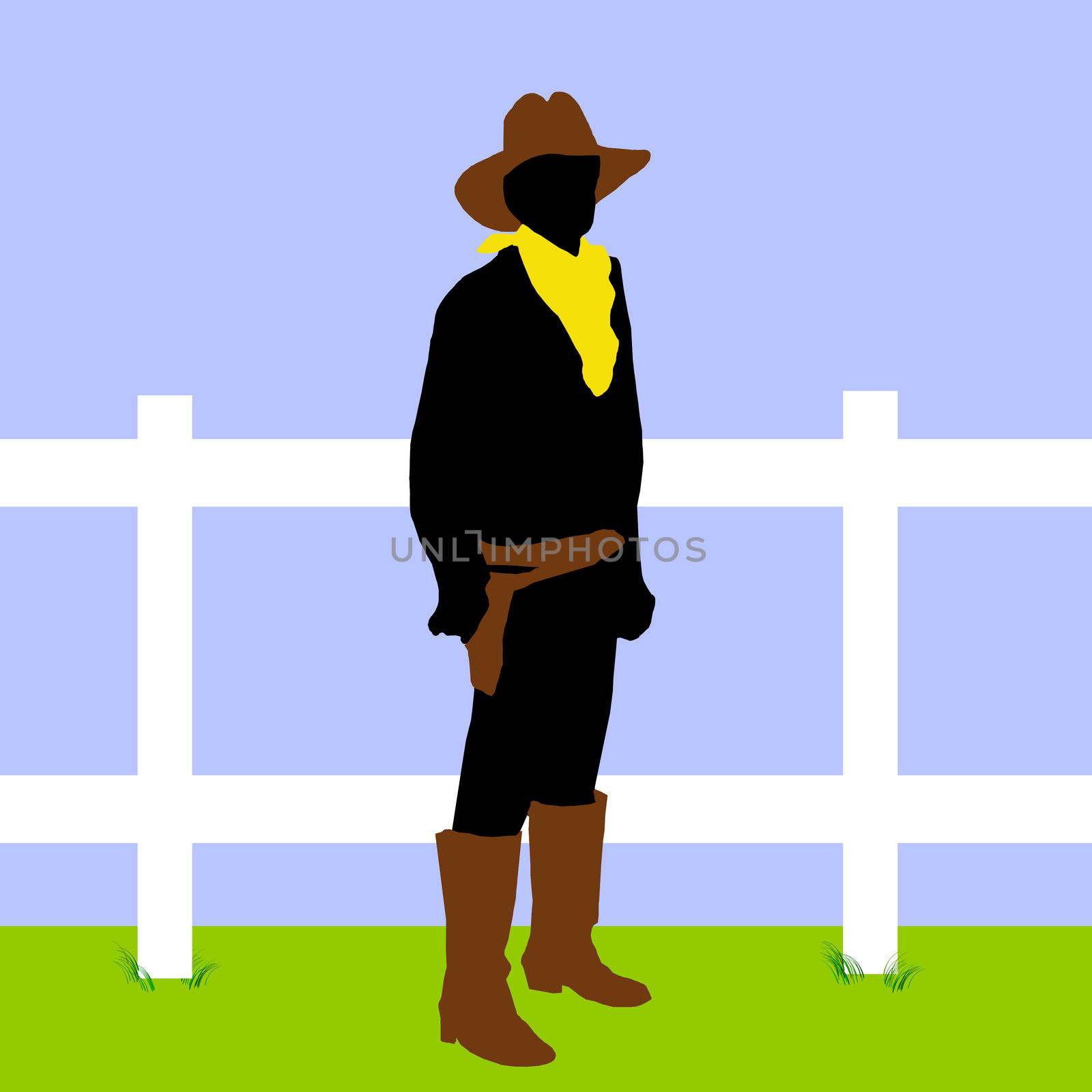 A cowboy in black on a background of blue and green with a white fence.