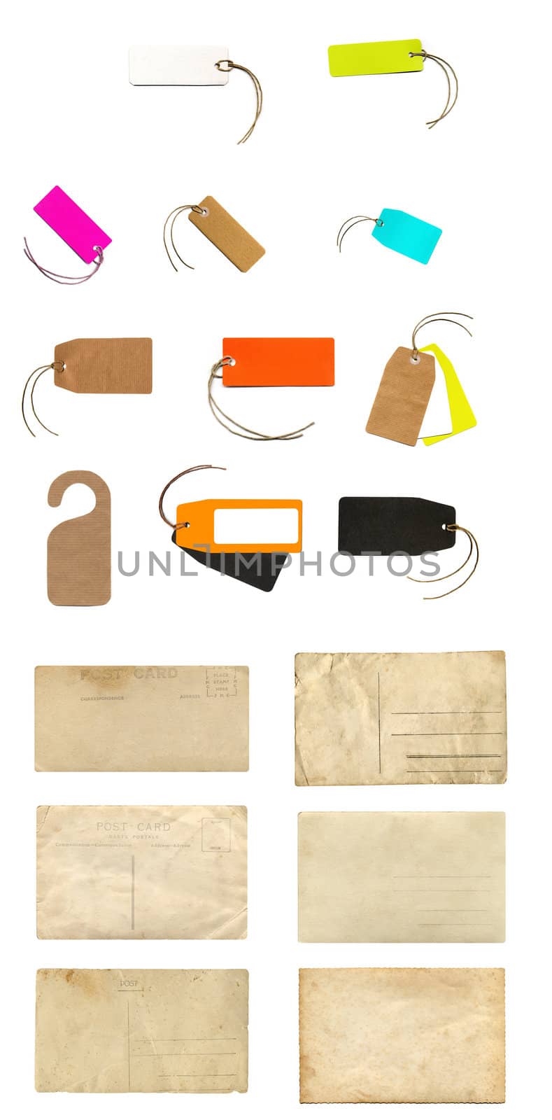 Collage of stationery items including labels, tags, envelopes and postcards