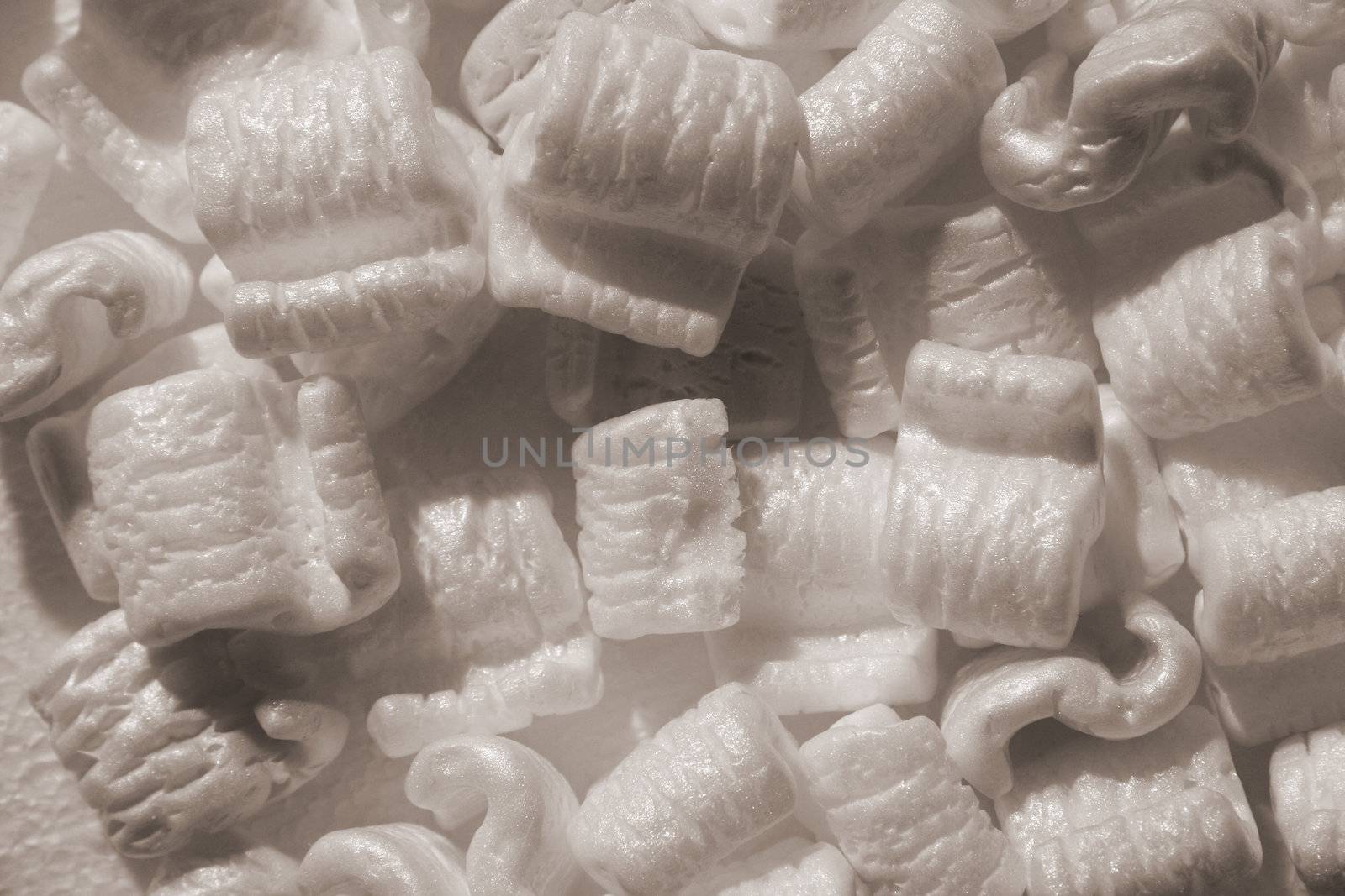 several styrofoam packing peanuts close up shot