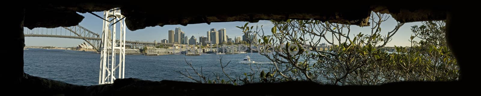 sydney city viewed from an old military bunker, opera house, cbd and harbour bridge