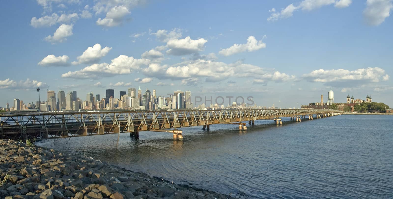 view from jersey city, ellis island on left, manhattan on right,