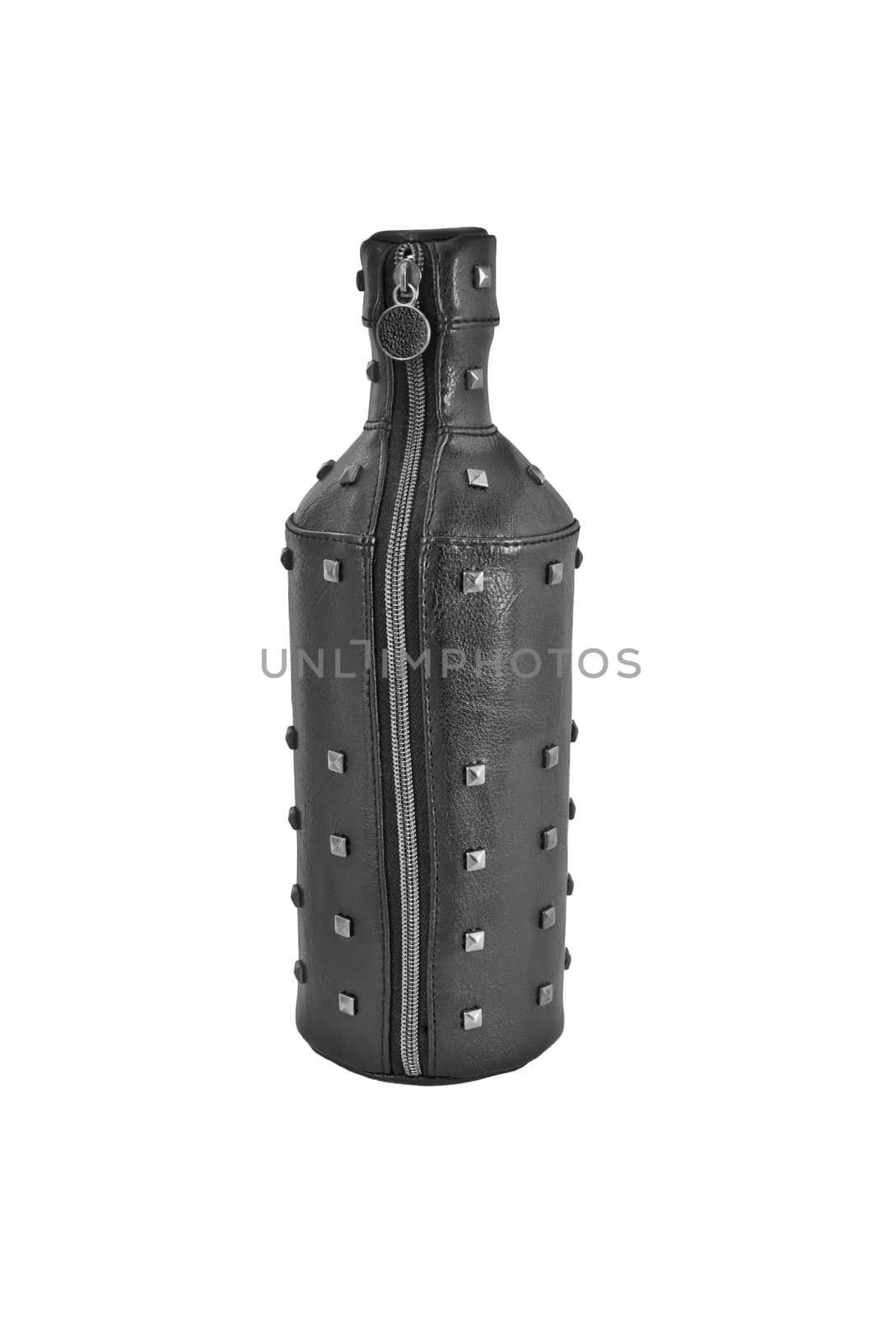 Bottle, a black leather case with rivets on a white background