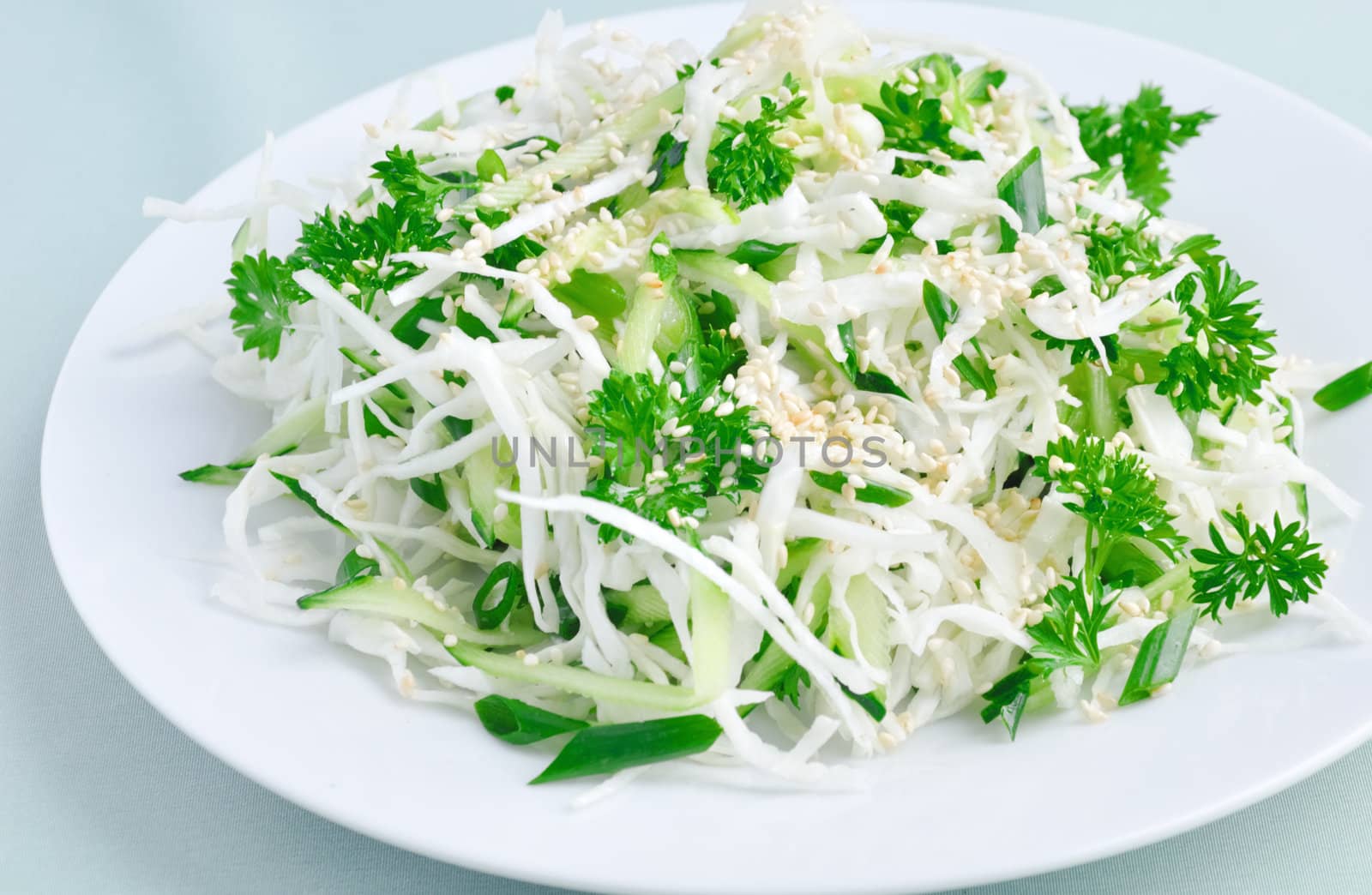 Salad of fresh cabbage and cucumber with herbs and sesame by Apolonia