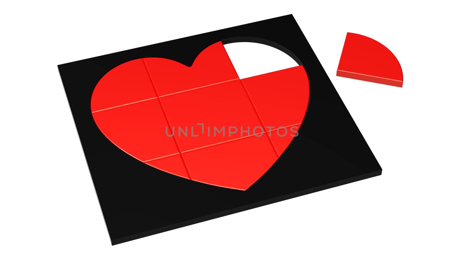 Unsolved puzzle red heart in black frame isolated on white