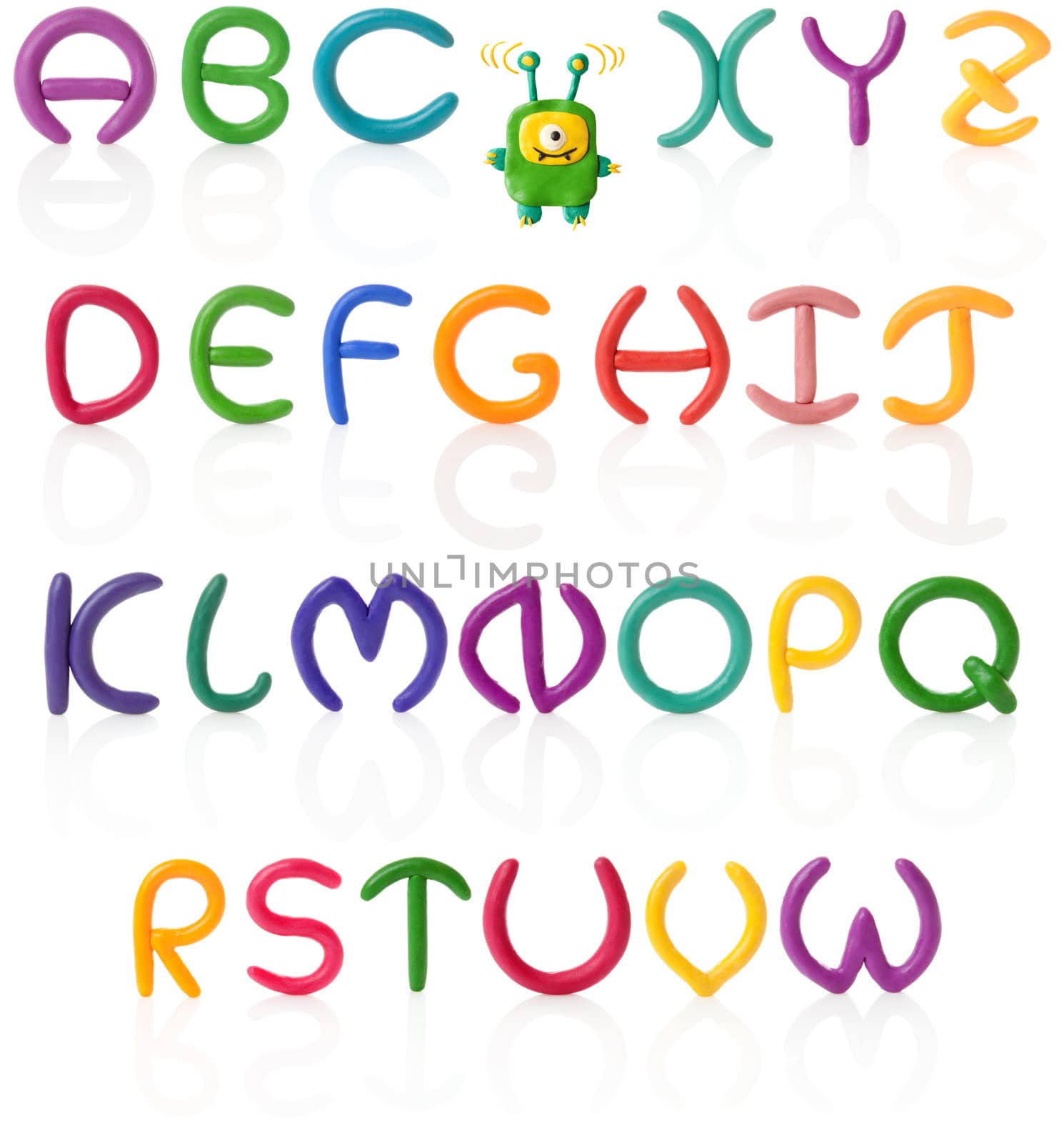 Colorful hand made and upper case letters with real reflections. Isolated over white