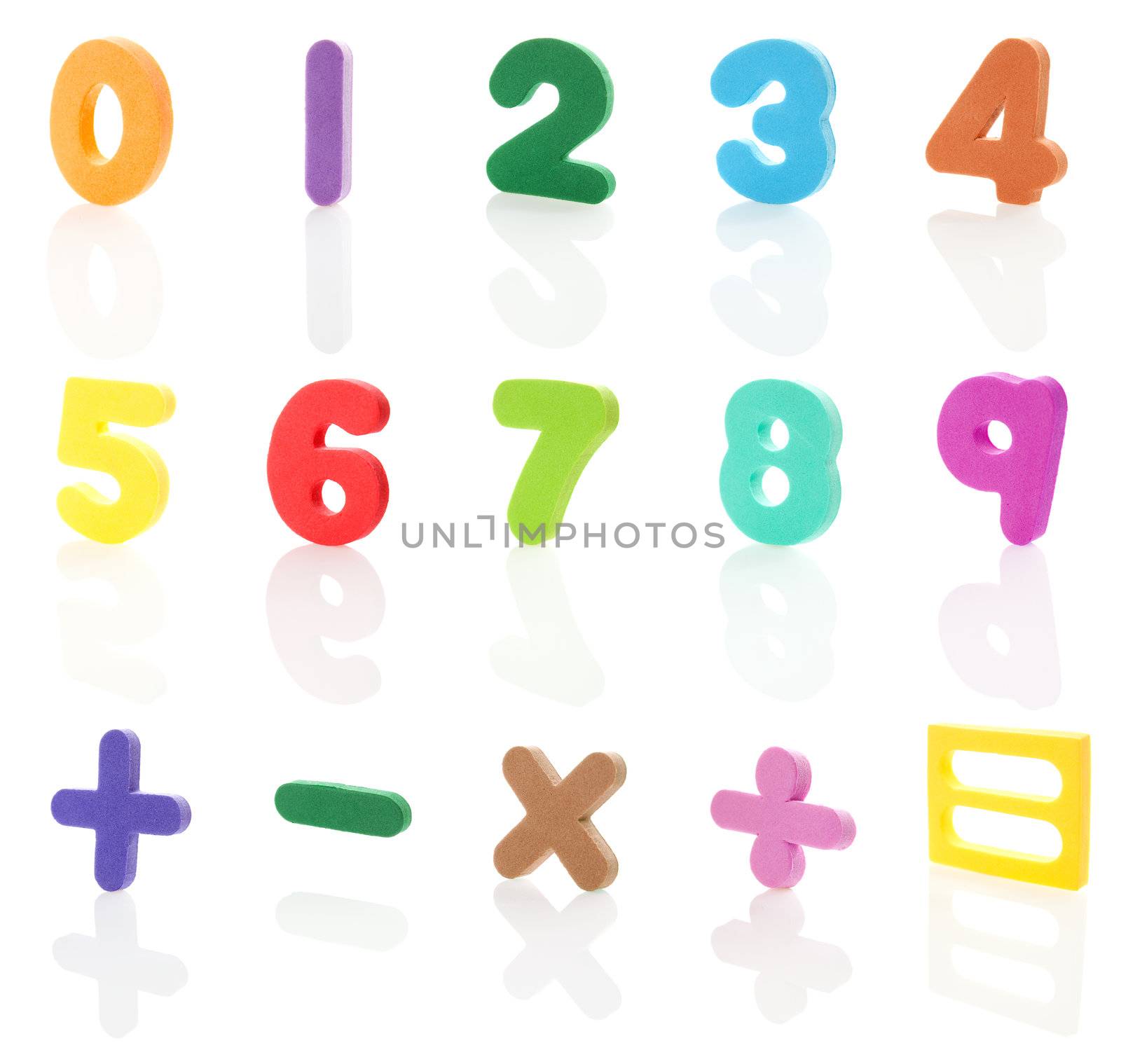 Colorful numbers and common math symbols with real reflections. Isolated over white