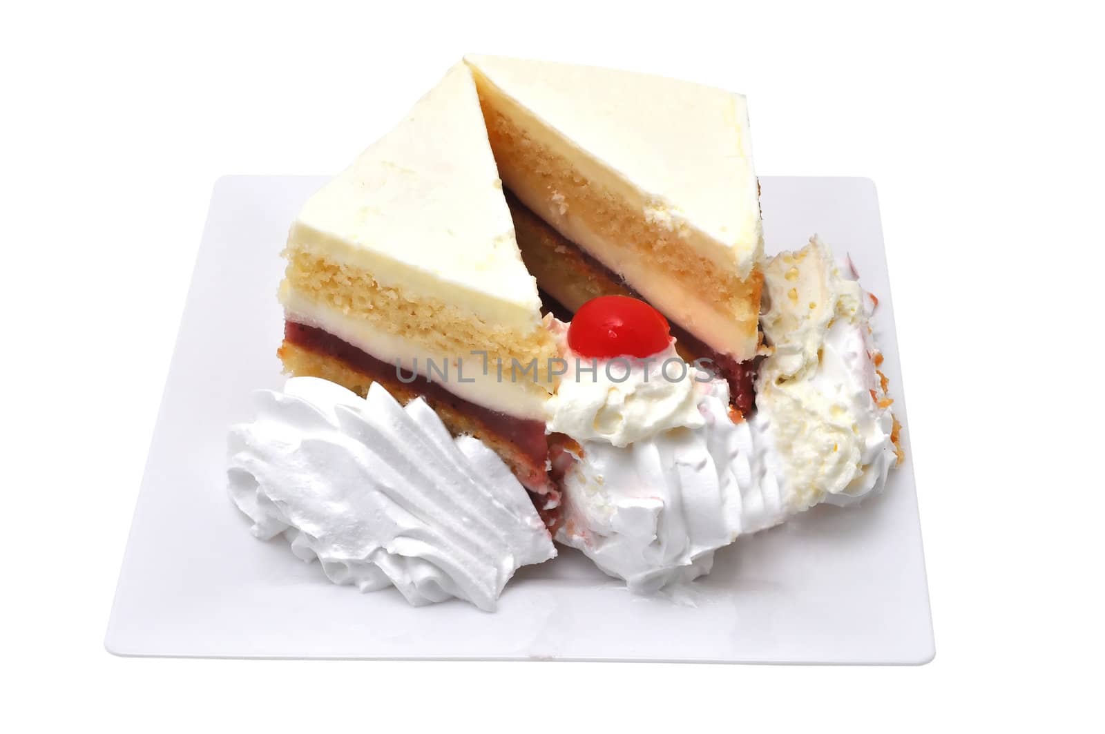 Two slices of strawberry cake isolated on white background with clipping path.