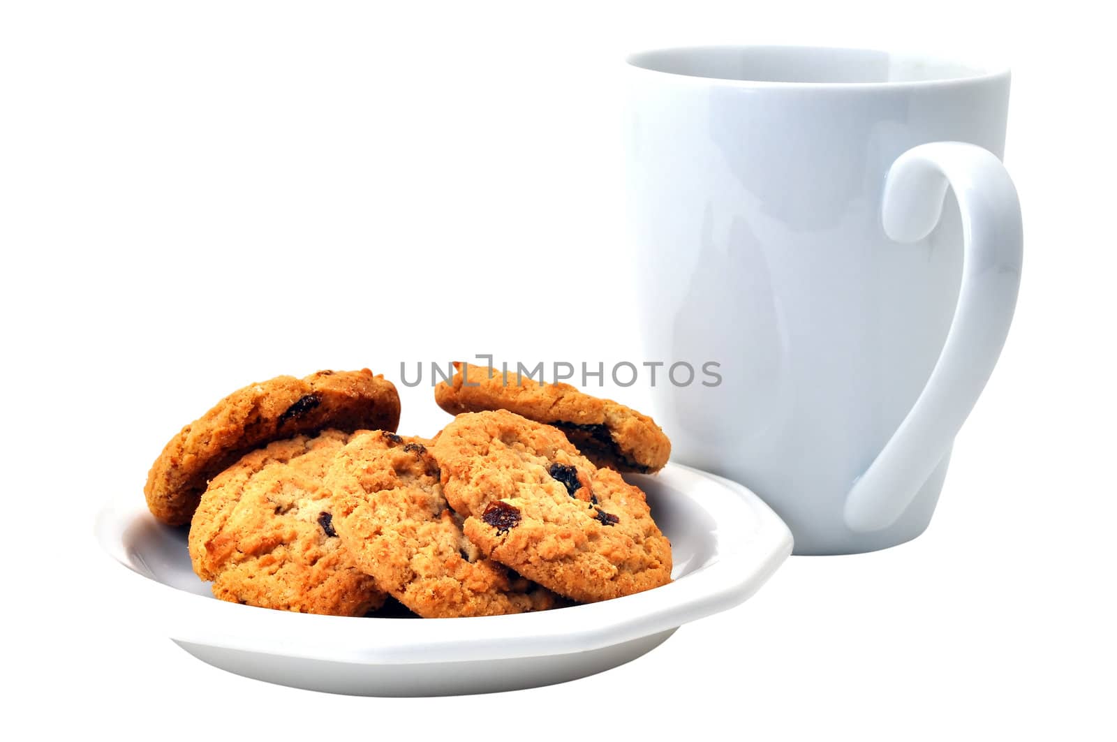 Oatmeal cookies on plate and coffee  isolated on white background with clipping path.